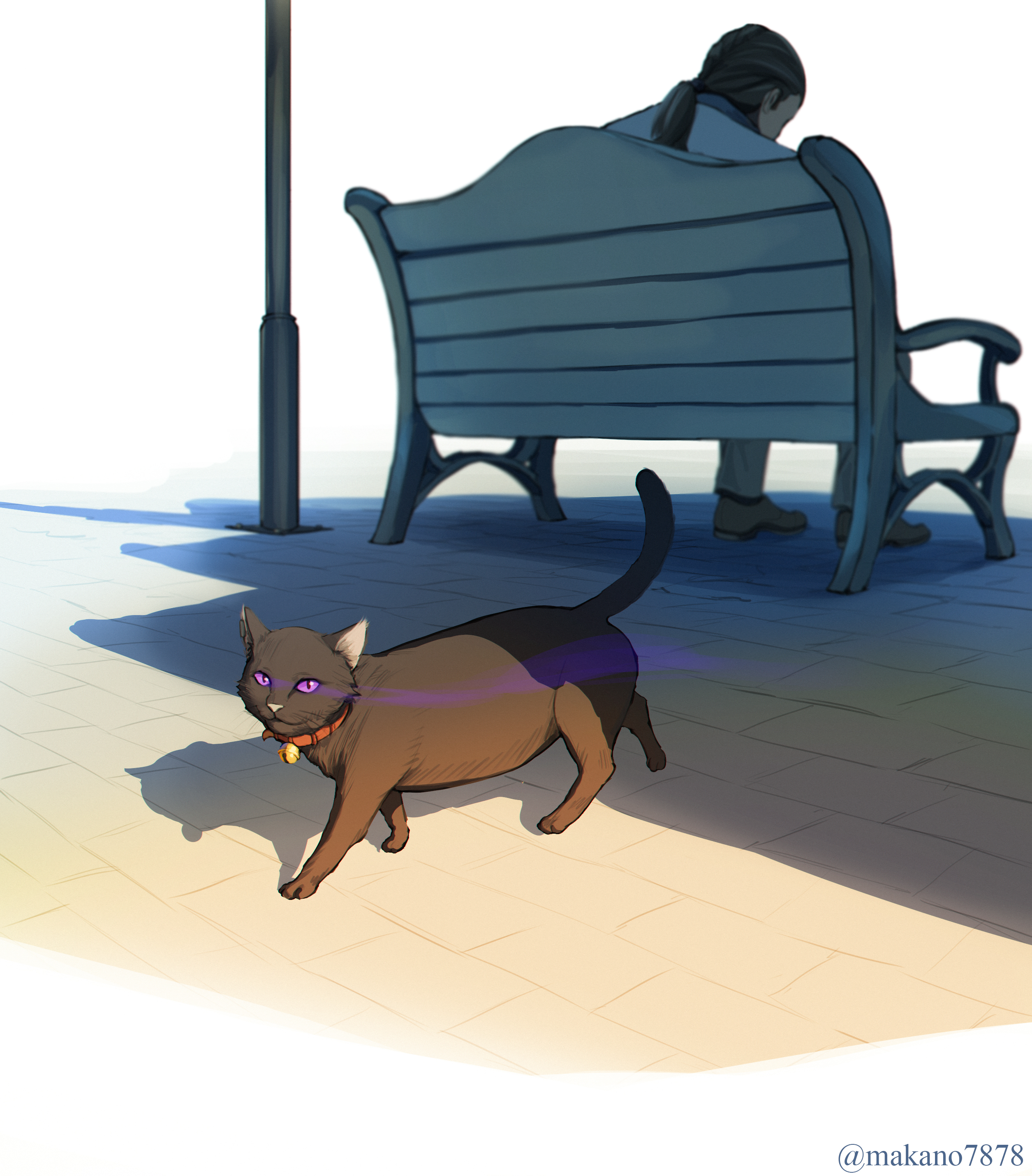 makano (user zpua3342), mao (darker than black), darker than black, absurdres, highres, 1boy, animal focus, bell, bench, black cat, black fur, border, cat, collar, eye trail, facing away, fading border, lamppost, light trail, looking at viewer, neck bell, outdoors, ponytail, purple eyes, shadow, sitting, twitter username, walking