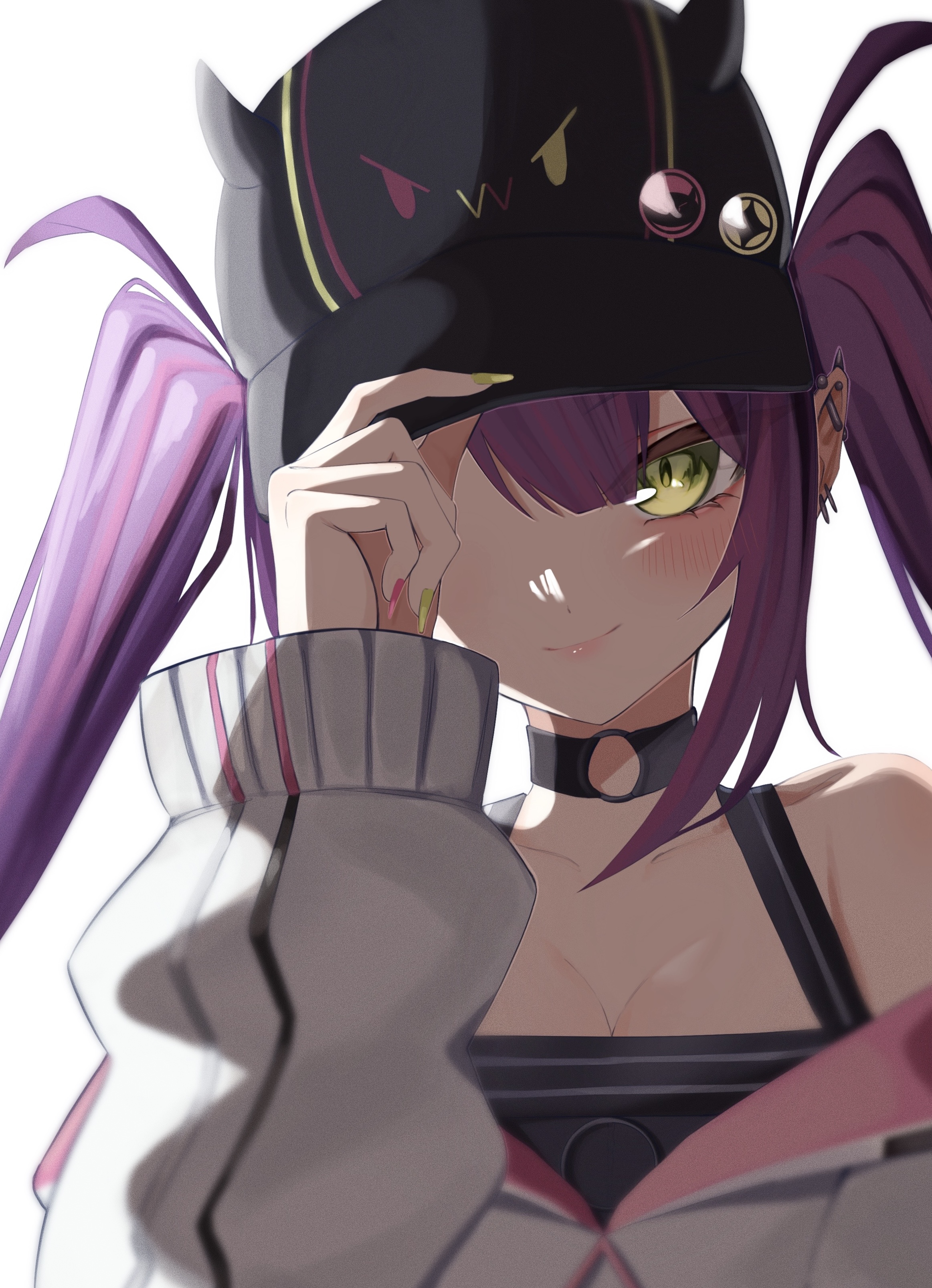 uw chanmaru, bibi (tokoyami towa), tokoyami towa, tokoyami towa (1st costume), hololive, absurdres, highres, 1girl, adjusting clothes, adjusting headwear, black hat, black shirt, choker, closed mouth, cropped jacket, ear piercing, green eyes, hat, jacket, long hair, looking at viewer, multicolored hair, multicolored nails, nail polish, o-ring, o-ring choker, piercing, pink hair, pink nails, pointy ears, purple hair, shirt, solo, streaked hair, twintails, very long hair, virtual youtuber, white background, white jacket, yellow nails