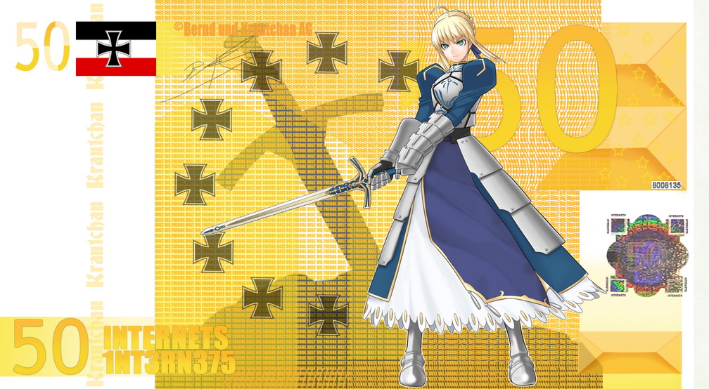 euro, artoria pendragon (fate), saber (fate), fate/stay night, fate (series), krautchan, 00s, bernd, internets, money, u20ac