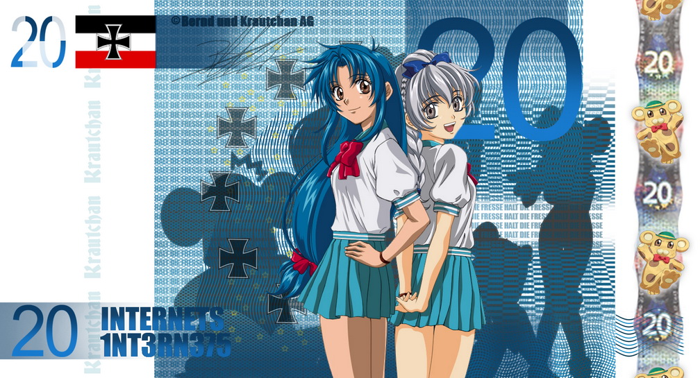 euro, chidori kaname, teletha testarossa, full metal panic!, krautchan, 00s, 2girls, bernd, internets, money, multiple girls