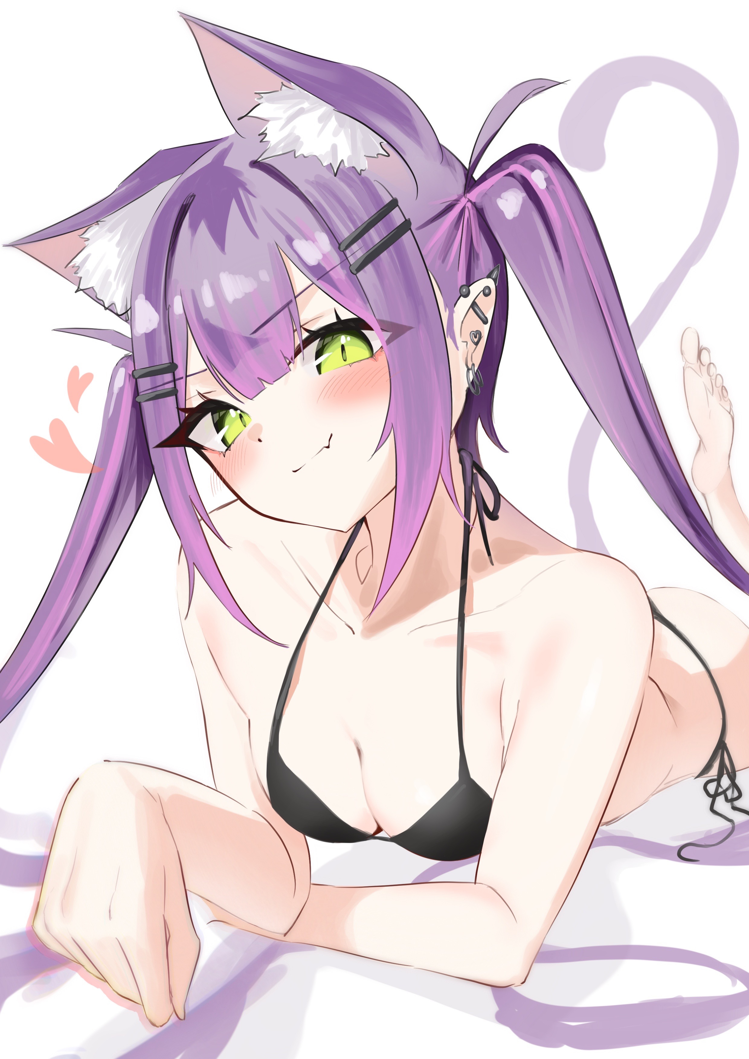 uw chanmaru, tokoyami towa, hololive, absurdres, highres, 1girl, animal ear fluff, animal ears, barefoot, bikini, blush, breasts, cat ears, cat girl, cat tail, cleavage, closed mouth, ear piercing, fang, hair ornament, hairpin, heart, long hair, looking at viewer, multicolored hair, piercing, pink hair, pointy ears, purple hair, side-tie bikini bottom, skin fang, small breasts, smile, solo, streaked hair, swimsuit, tail, twintails, very long hair, virtual youtuber, white background