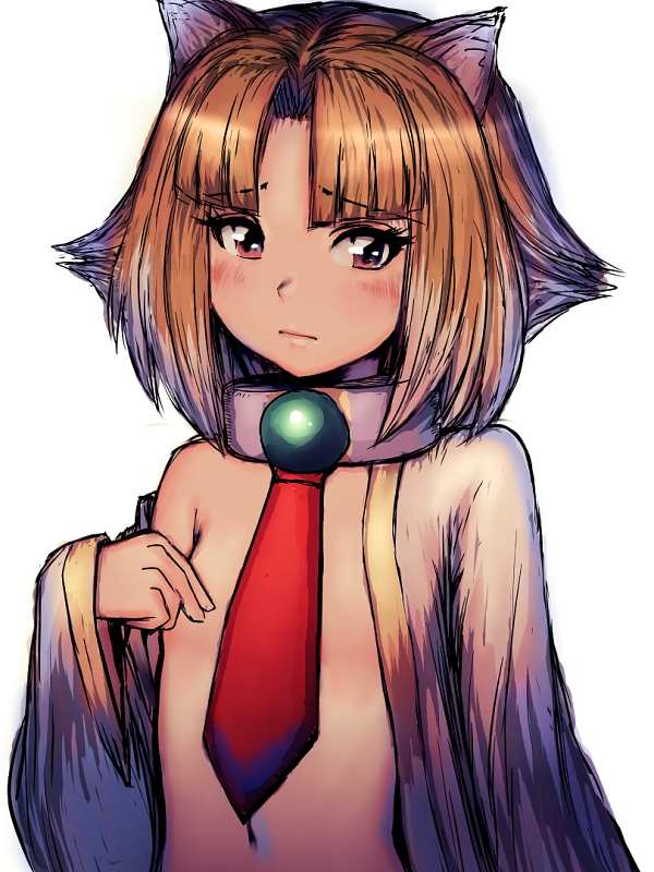 fumio (rsqkr), inuwaka nazuna, aq interactive, arcana heart, arcana heart 2, atlus, examu, 1girl, animal ears, blush, brown hair, cat ears, collar, covering breasts, covering privates, female focus, flat chest, loli, navel, necktie, off shoulder, open clothes, open shirt, red eyes, shirt, short hair, solo, topless female