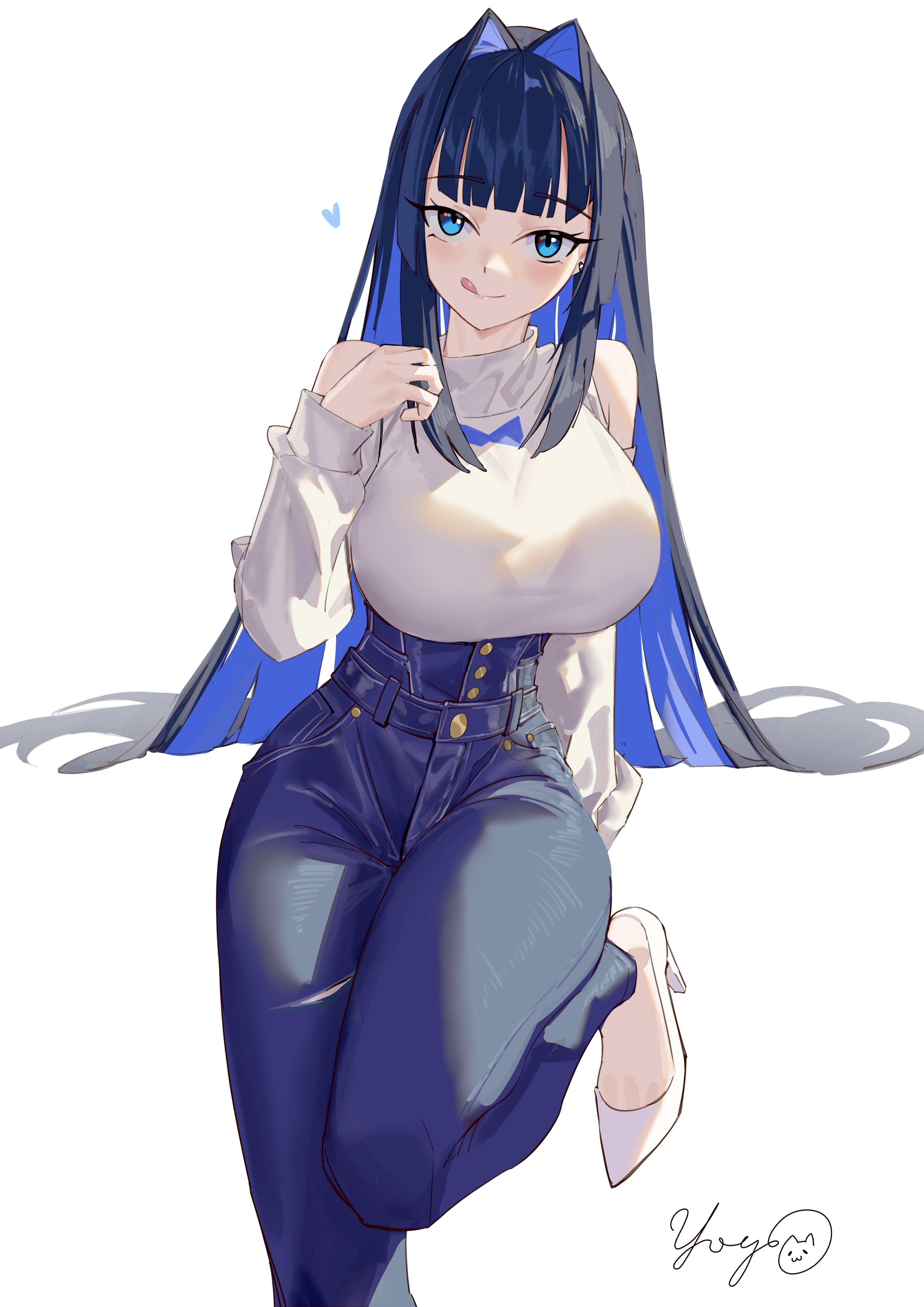 massiveyog, ouro kronii, ouro kronii (casual), hololive, hololive english, absurdres, commentary, english commentary, highres, 1girl, blue pants, breasts, closed mouth, denim, high-waist pants, jeans, large breasts, official alternate costume, official alternate hair length, official alternate hairstyle, pants, simple background, smile, solo, tongue, tongue out, virtual youtuber, white background