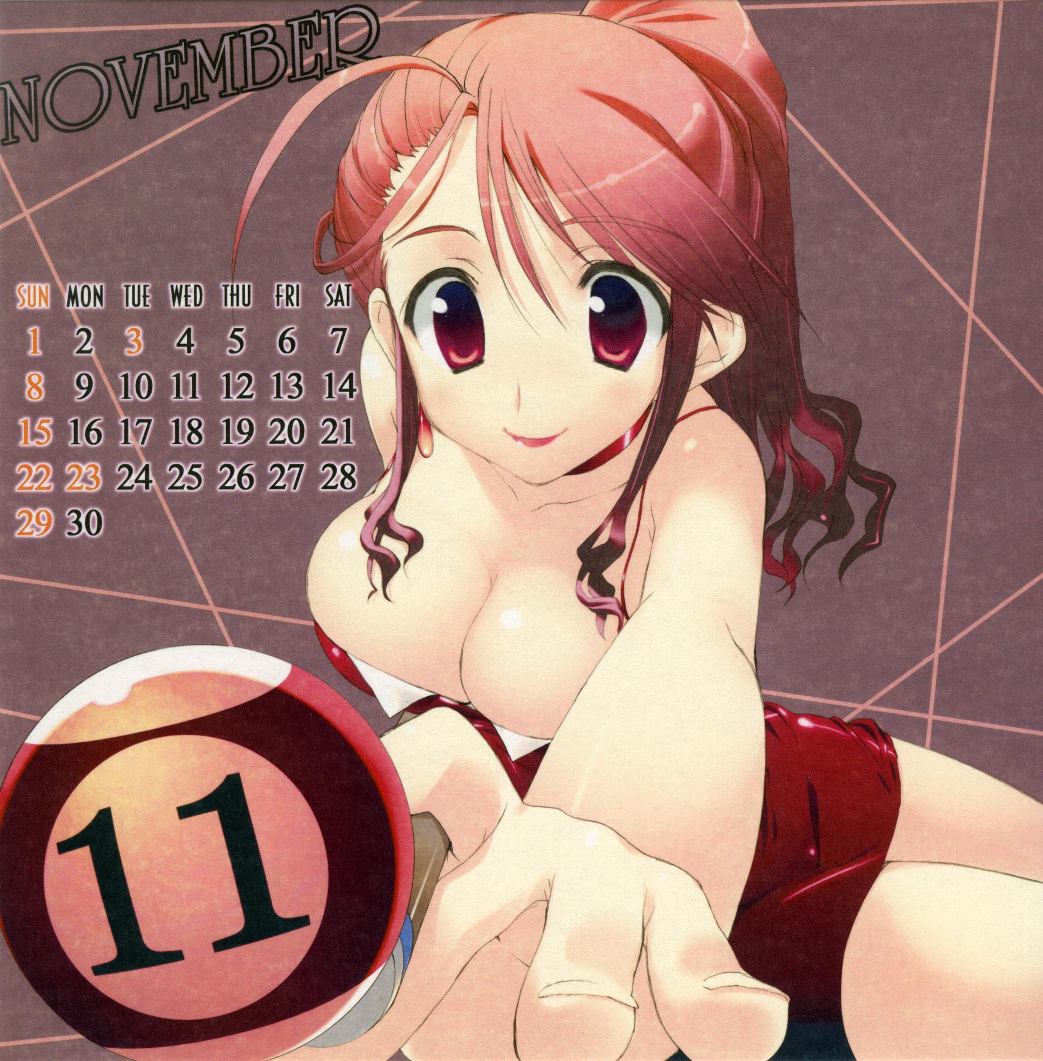 amazuyu tatsuki, highres, 1girl, ball, billiard ball, billiards, breasts, calendar, choker, cleavage, cue stick, dress, female focus, large breasts, lipstick, long hair, makeup, november, pink hair, ponytail, red dress, red eyes, red hair, red skirt, skirt, smile, solo