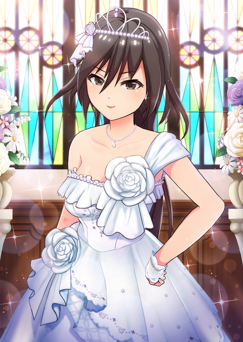 project tokyo dolls, commentary request, official art, second-party source, 1girl, breasts, brown eyes, brown hair, church, closed mouth, collarbone, corsage, cowboy shot, dot nose, dress, flower, hand on own hip, indoors, jewelry, lens flare, lips, long skirt, looking at viewer, madarame setsuna, medium breasts, necklace, purple flower, purple rose, rose, short hair, single off shoulder, skirt, smile, solo, sparkle, stained glass, tiara, wedding dress, white dress, white flower, white rose, white skirt, white wrist cuffs, wrist cuffs