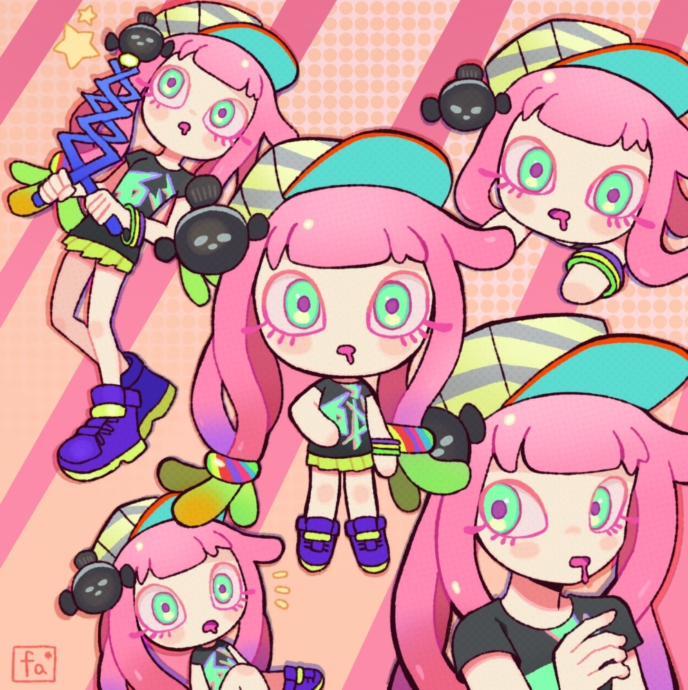 chirosamu, harmony's clownfish (splatoon), harmony (splatoon), nintendo, splatoon (series), commentary request, 1girl, :o, baseball cap, black shirt, blush, blush stickers, bracelet, chibi, chibi inset, clownfish, colored tips, drooling, eyelashes, fish, green eyes, hat, holding, jewelry, long hair, mouth drool, multicolored hair, multiple views, nintendo ultra hand, notice lines, open mouth, pink hair, purple pupils, purple shoes, shirt, shoes, skirt, star (symbol), striped hat, t-shirt, yellow skirt