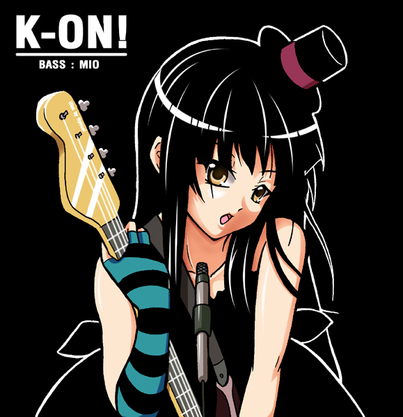 akiyama mio, don't say "lazy", k-on!, 00s, 1girl, bass guitar, blunt bangs, female focus, hat, hime cut, instrument, mini hat, mini top hat, solo, top hat