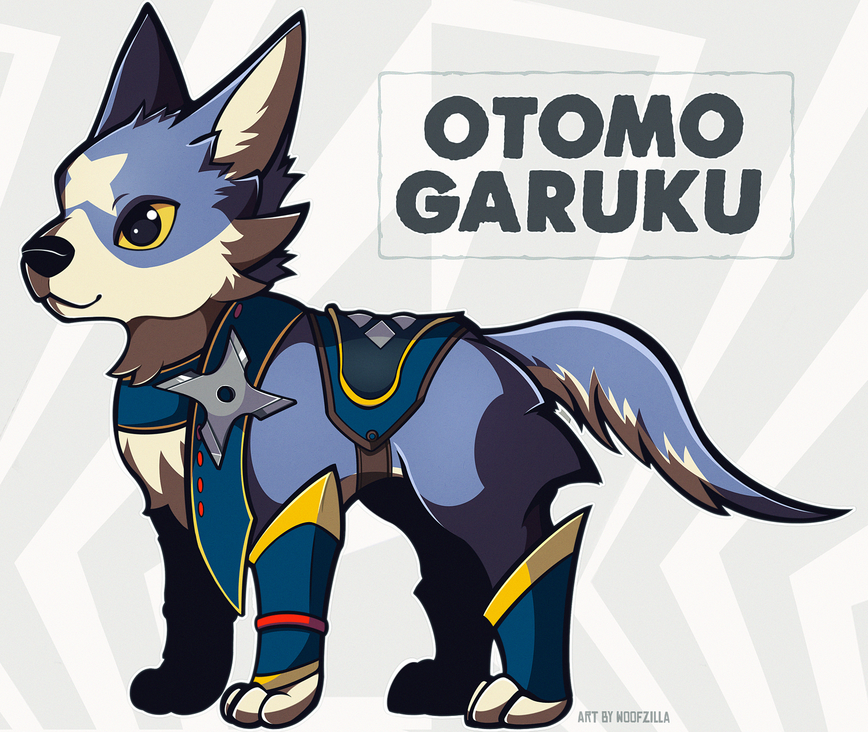 woofzilla, canyne, monster hunter: world, monster hunter (series), commentary, english commentary, highres, animal, artist name, character name, closed mouth, clothed animal, colored sclera, dog, full body, grey background, no humans, simple background, solo, yellow sclera