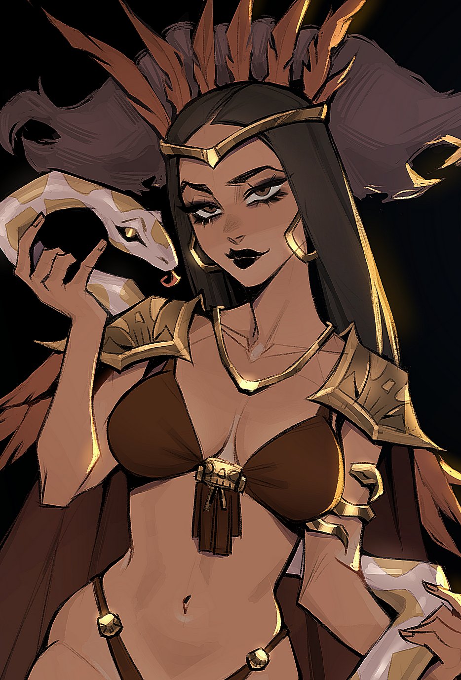 ykshelter, highres, 1girl, animal, armlet, armor, bikini, black hair, black lips, breasts, breasts apart, brown bikini, brown eyes, cape, closed mouth, collarbone, crown, earrings, eyelashes, feathers, from dusk till dawn, holding, holding animal, holding snake, jewelry, long hair, looking at viewer, medium breasts, navel, necklace, raised eyebrow, santanico pandemonium, shoulder armor, snake, snake earrings, stomach, straight hair, swimsuit