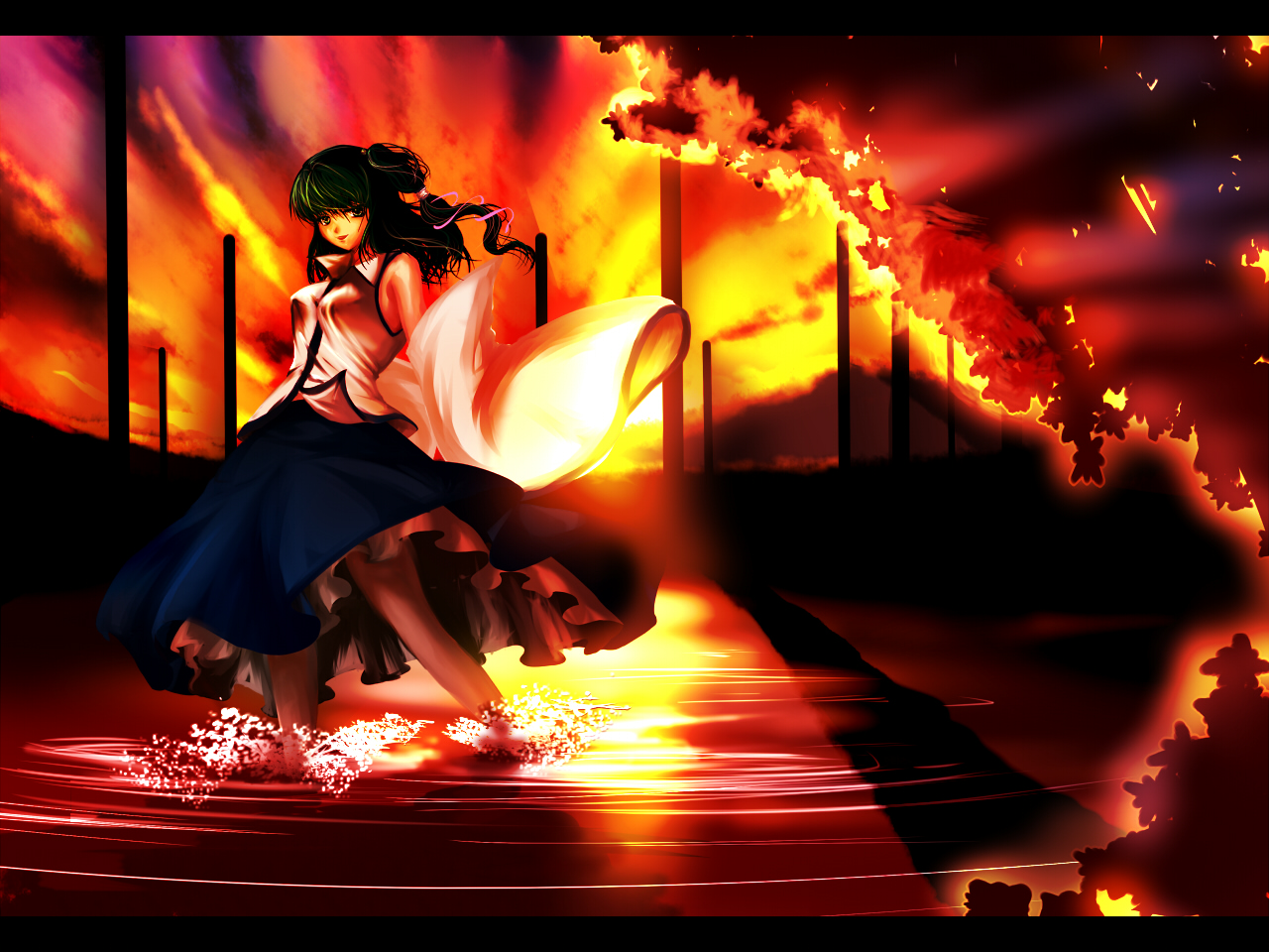 tsuki hana, kochiya sanae, touhou, bad id, bad pixiv id, 1girl, blue skirt, female focus, full body, green hair, letterboxed, long hair, looking at viewer, nontraditional miko, skirt, solo, standing, sunlight, sunset, vest, wading, water