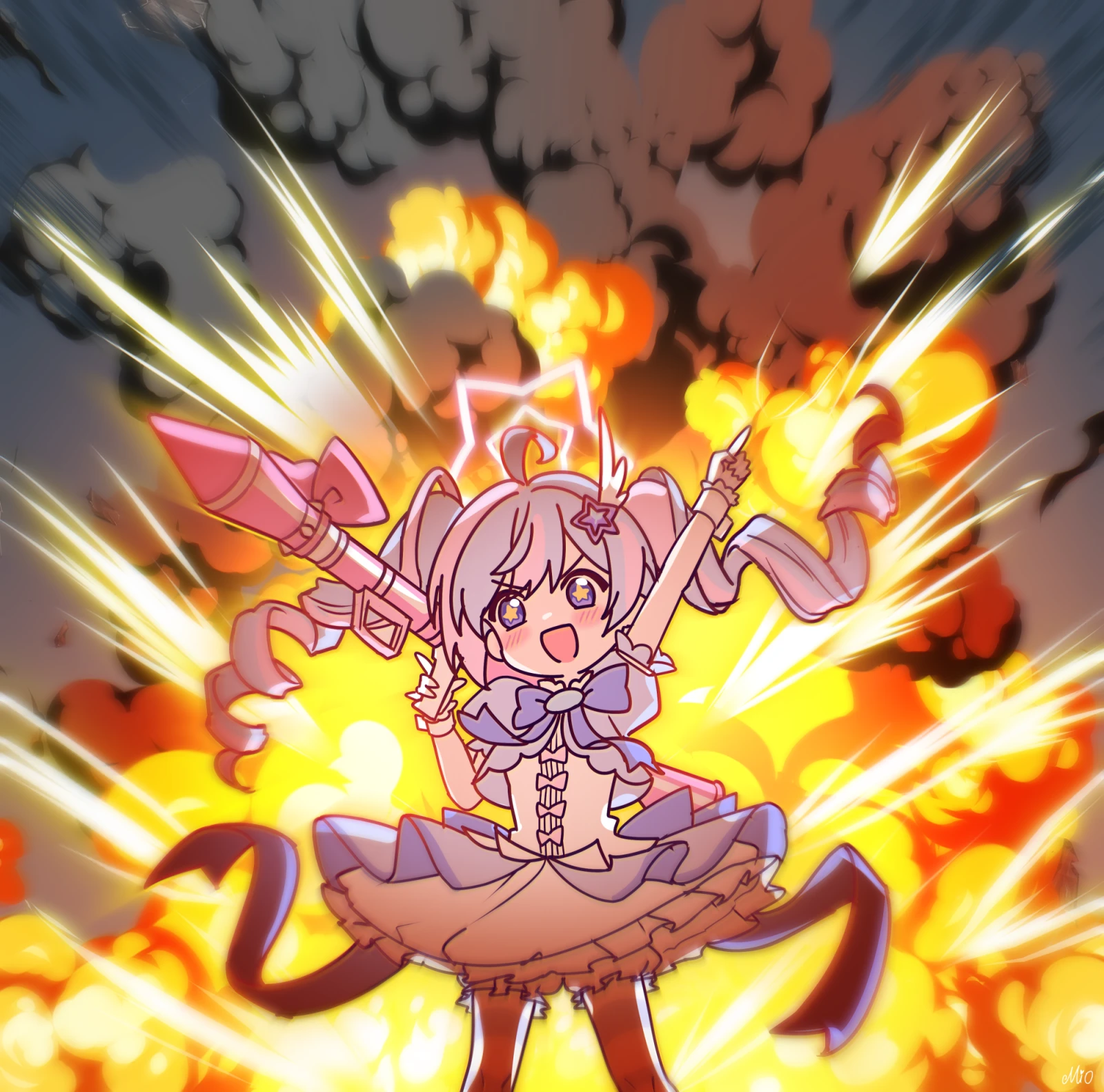 miomio1568315, reisa (blue archive), reisa (magical) (blue archive), blue archive, chinese commentary, commentary request, highres, 1girl, :d, ahoge, arm up, backlighting, bloomers, blush, bow, dress, dress bow, drill hair, explosion, explosion background, feet out of frame, frilled dress, frills, gun, hair ornament, halo, holding, holding gun, holding weapon, long hair, looking at viewer, magical girl, multicolored hair, multicolored pantyhose, official alternate costume, official alternate hairstyle, open mouth, pantyhose, pink bow, pink hair, pointing, pointing up, puffy short sleeves, puffy sleeves, purple bow, purple eyes, purple hair, purple pantyhose, rocket launcher, rpg, rpg-7, rpg (weapon), short sleeves, smile, solo, standing, star-shaped pupils, star (symbol), star hair ornament, star halo, striped clothes, striped pantyhose, symbol-shaped pupils, twin drills, twintails, two-tone hair, two-tone pantyhose, underwear, v-shaped eyebrows, weapon, white bloomers, white dress, white pantyhose, white wrist cuffs, wing hair ornament, wrist cuffs