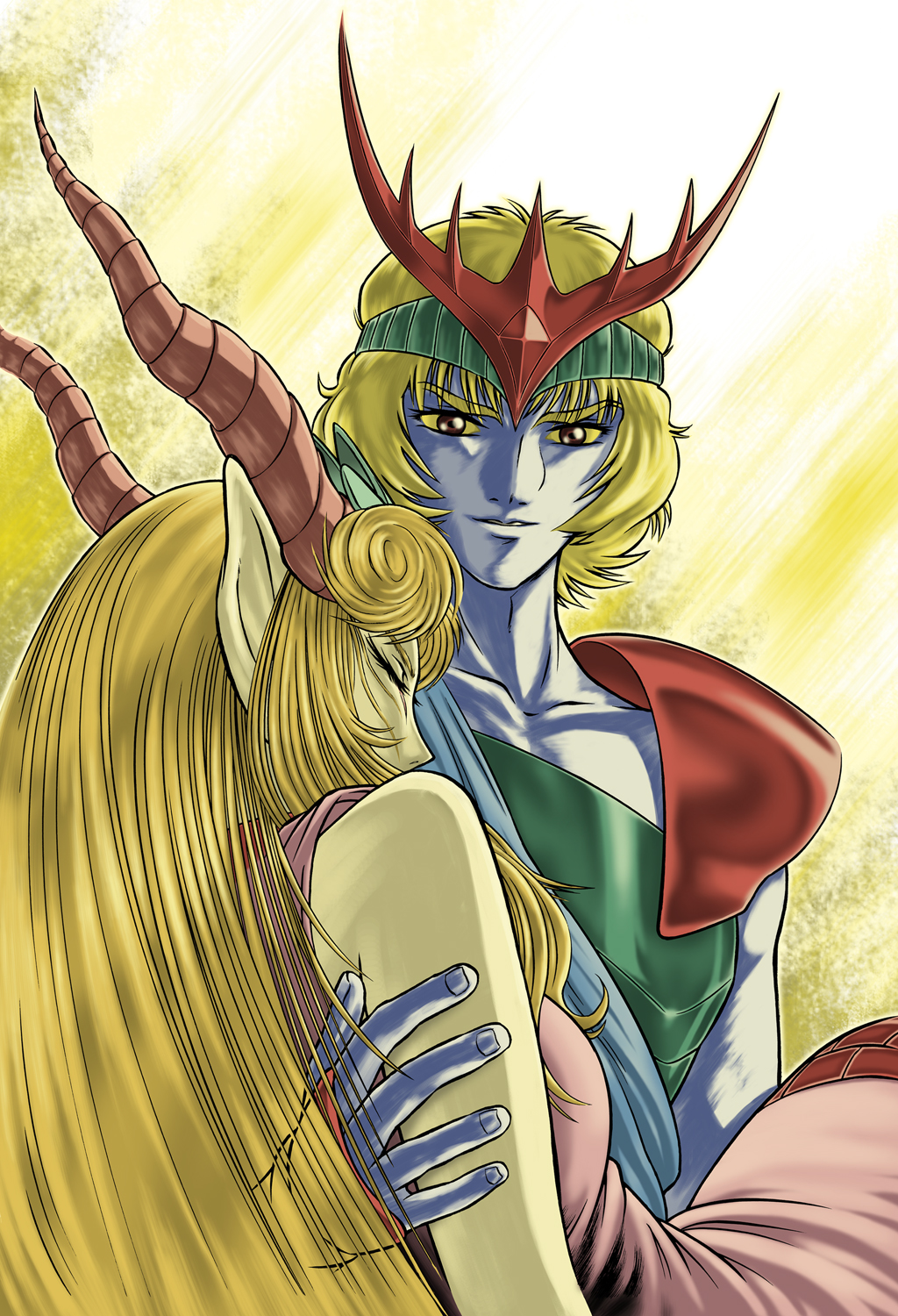 tiger ryuuou, ichikawa osamu, miia, prince garuda, choudenji robo combattler v, sunrise (company), toei company, highres, spoilers, 1970s (style), 1boy, 1girl, blonde hair, blue skin, brown eyes, carrying, colored skin, death, dress, horns, long hair, oldschool, pointy ears, princess carry, retro artstyle, short hair