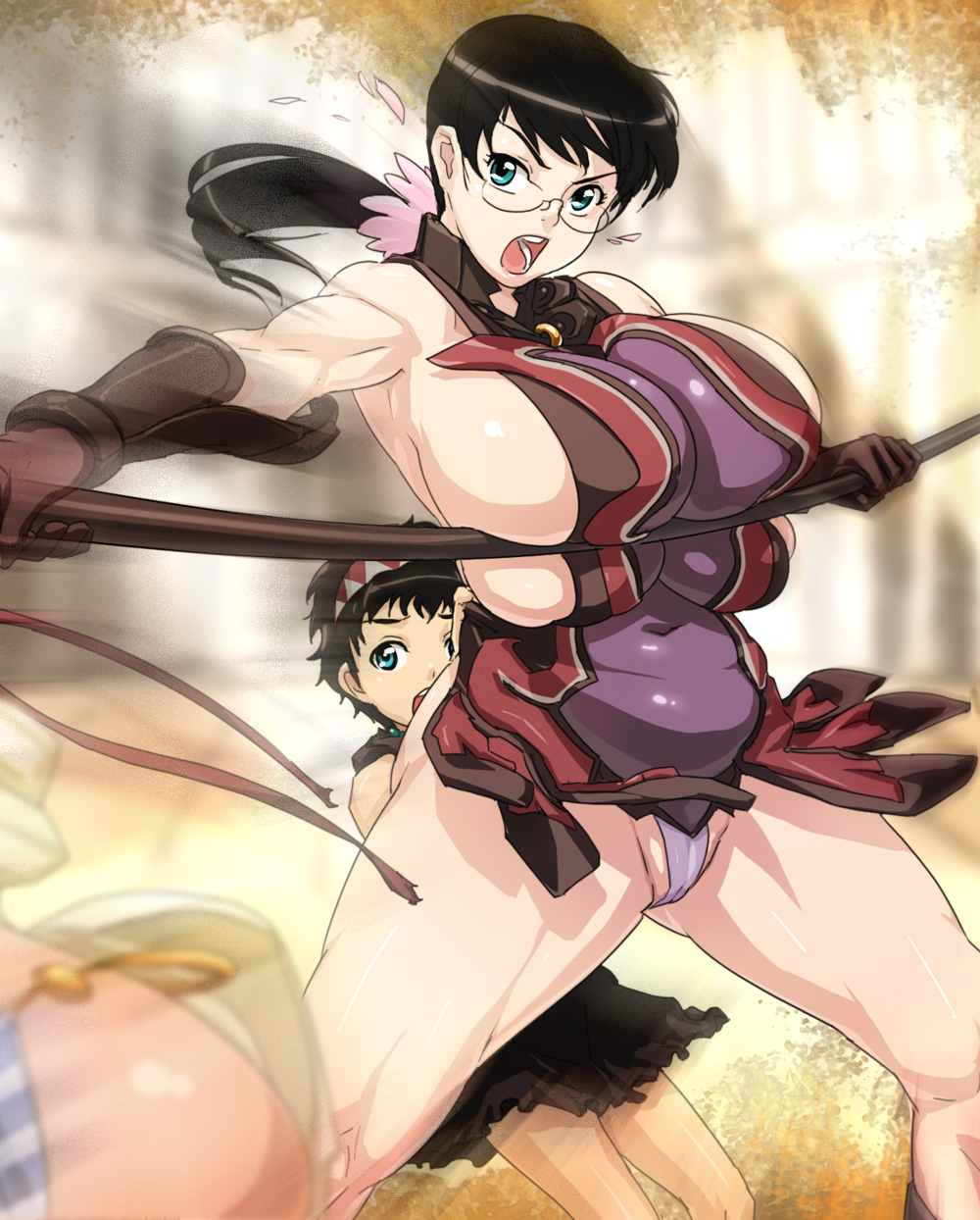 usatarou, ancient princess menace, cattleya (queen's blade), menace (queen's blade), rana (queen's blade), weapon merchant cattleya, queen's blade, highres, 00s, 1boy, 1girl, age difference, black hair, blue eyes, breast press, breasts, face in ass, glasses, huge breasts, legs, long hair, mature female, mother and son, muscular, panties, pantyshot, ponytail, sideboob, thighs, underwear