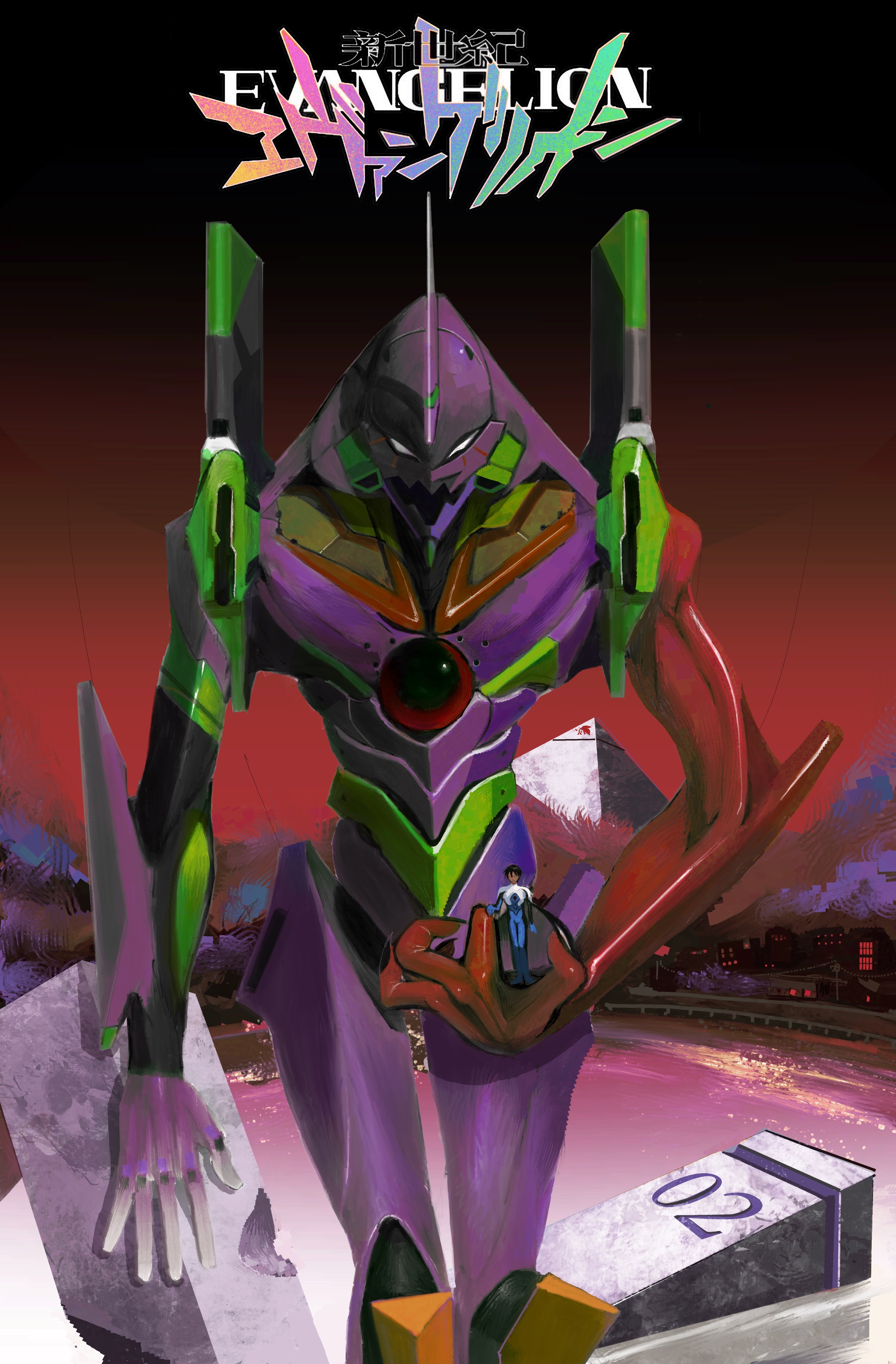 eva 01, ikari shinji, neon genesis evangelion, absurdres, highres, 1boy, cityscape, evangelion (mecha), horns, looking at viewer, male focus, mecha, mecha pilot suit, noarteria, outdoors, plugsuit (evangelion), red sky, robot, science fiction, single horn, size difference, sky, water