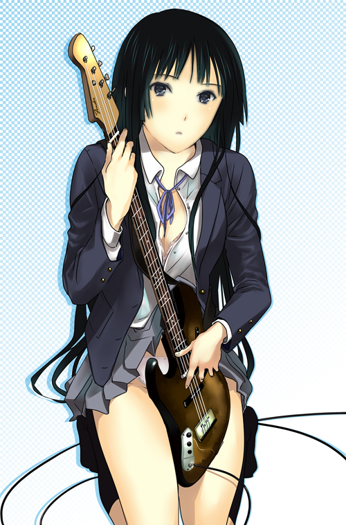 3u, akiyama mio, k-on!, bad id, bad pixiv id, 00s, 1girl, bass guitar, black eyes, black hair, blunt bangs, breasts, cleavage, clothes lift, female focus, hime cut, instrument, long hair, open clothes, panties, school uniform, skirt, skirt lift, solo, underwear