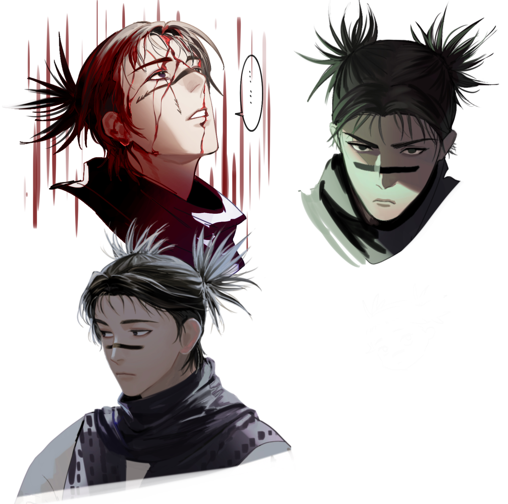 kotomine (a1569), choso (jujutsu kaisen), jujutsu kaisen, highres, …, 1boy, black eyes, black hair, blood, blood on face, closed mouth, cropped torso, facial mark, frown, male focus, parted lips, shaded face, short hair, short twintails, simple background, spiked hair, spoken ellipsis, twintails, white background