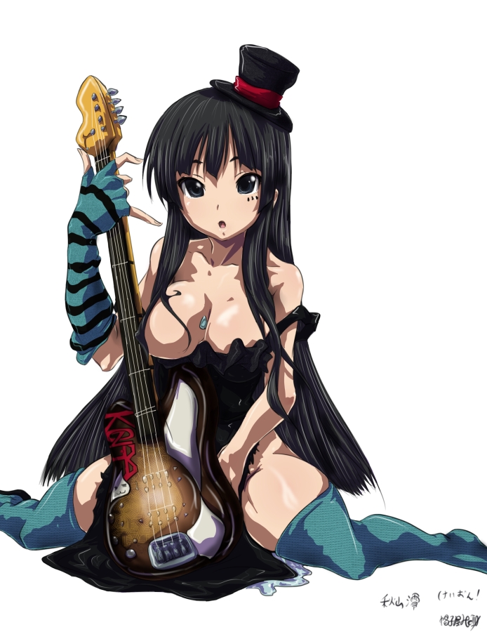 madhatter hello, akiyama mio, don't say "lazy", k-on!, striped, bad id, bad pixiv id, 00s, 1girl, bass guitar, black eyes, black hair, blunt bangs, breasts, dress, elbow gloves, facepaint, female focus, fingerless gloves, gloves, gothic lolita, hat, hime cut, instrument, large breasts, lolita fashion, long hair, mini hat, mini top hat, plectrum, solo, thighhighs, top hat