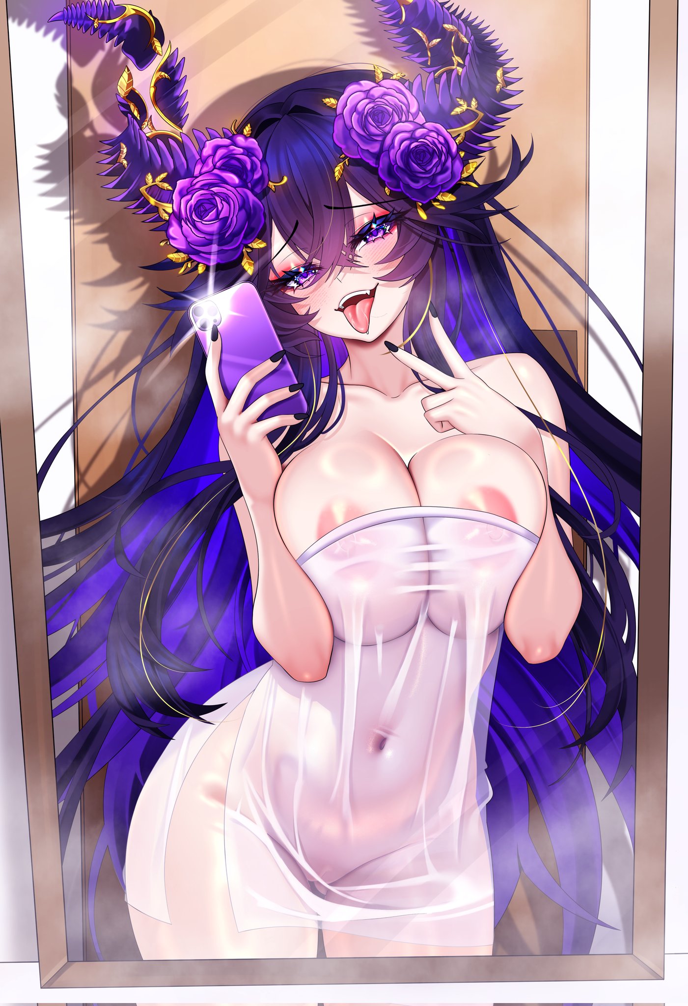 capycapy, indie virtual youtuber, corrupted twitter file, highres, 1girl, black hair, black nails, breasts, breasts squeezed together, collarbone, colored inner hair, covered erect nipples, crossed bangs, flower, hair between eyes, hair flower, hair ornament, holding, holding phone, large breasts, long hair, mirror, mirror selfie, multicolored hair, naked towel, navel, phone, purple eyes, purple flower, purple hair, selfie, solo, tongue, tongue out, towel, unjaded (vtuber), v, virtual youtuber, wet towel
