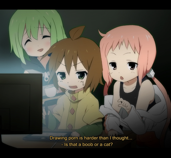 kl (dgzonbi), maruki (punchiki), kl-chan, mono (character), punchiki (character), original, wacom, 3girls, blush, computer, drawing tablet, english text, fake screenshot, letterboxed, multiple girls