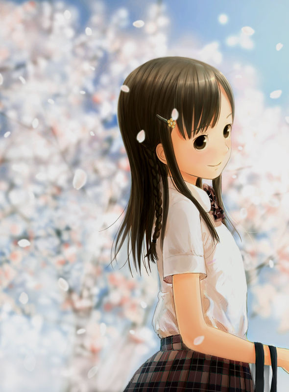 kokudou juunigou, black eyes, black hair, blush, cherry blossoms, hair ornament, hairclip, long hair, petals, school uniform, skirt, smile, solo