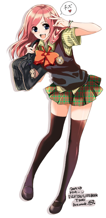 mirk, bad id, bad pixiv id, bag, blue eyes, blush, bracelet, happy, heart, jewelry, legs, long hair, miniskirt, pink hair, plaid clothes, plaid skirt, ribbon, school uniform, simple background, skirt, smile, solo, thighhighs, v, zettai ryouiki
