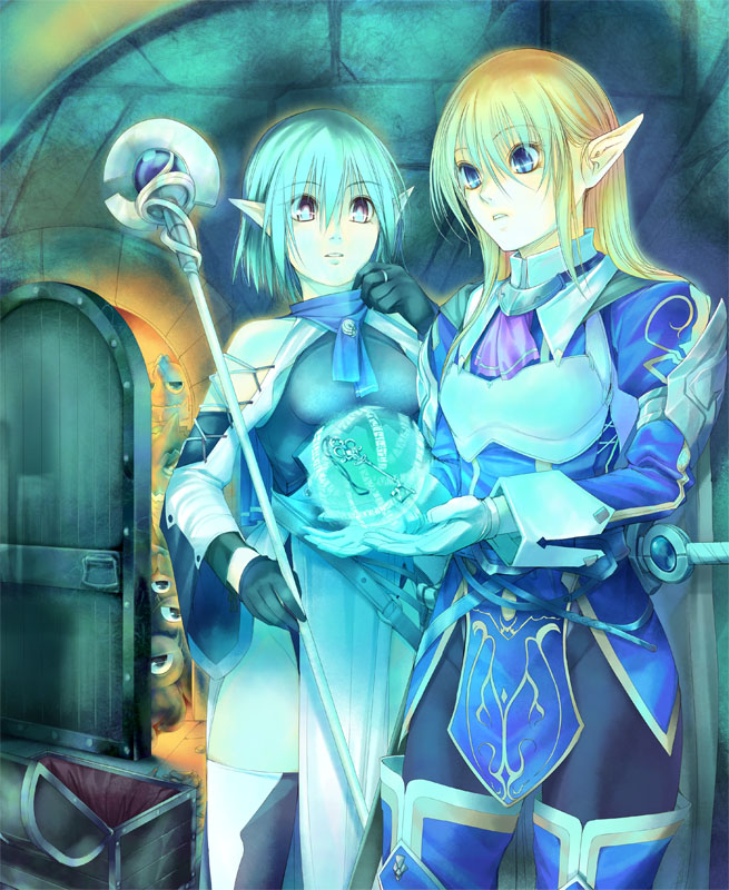 kirishima satoshi, original, bad id, bad pixiv id, armor, blonde hair, blue hair, door, elf, fantasy, key, long hair, magic, pointy ears, short hair, staff, thighhighs, treasure chest