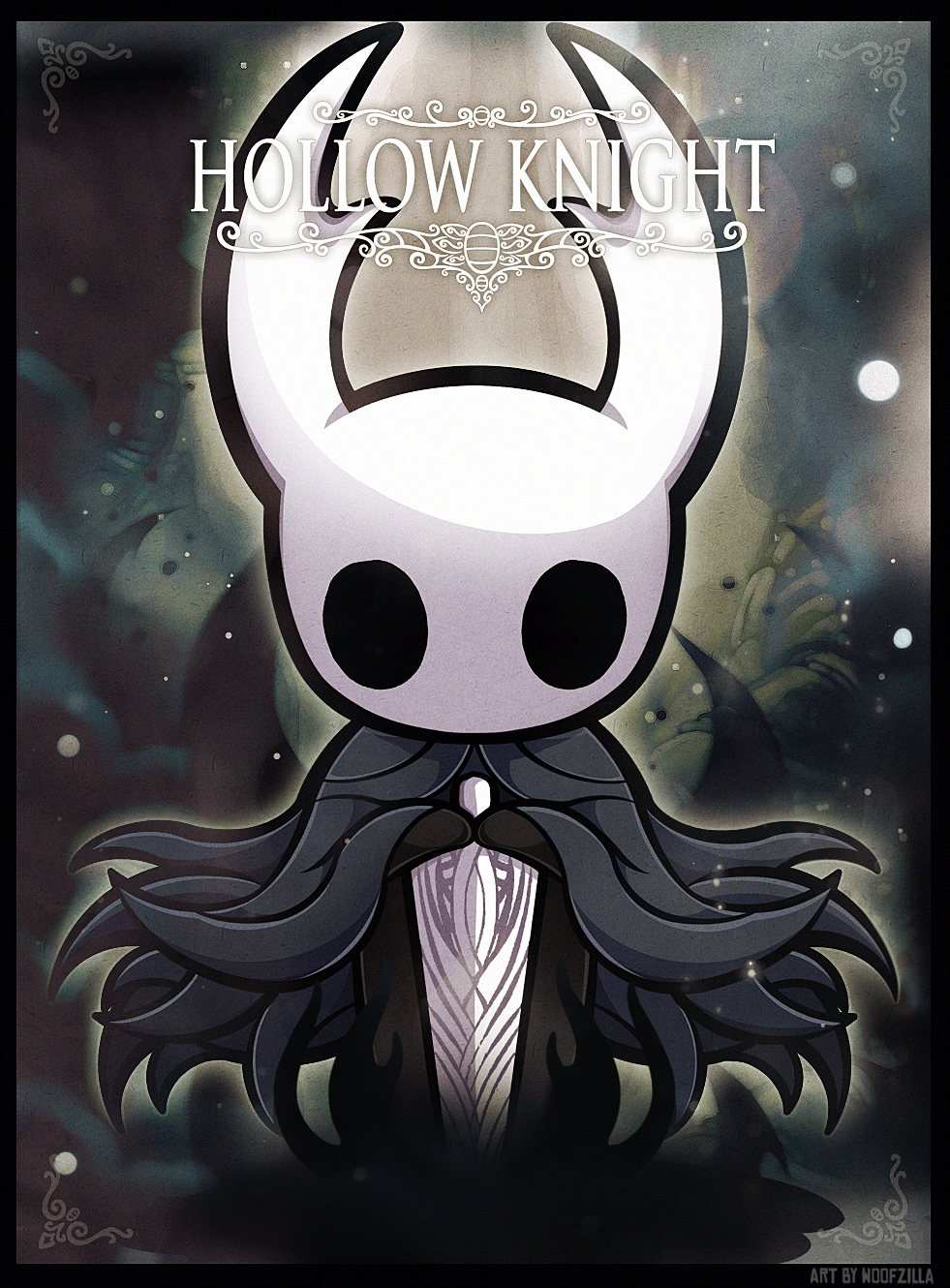 woofzilla, knight (hollow knight), hollow knight, commentary, english commentary, highres, 1other, artist name, black border, border, cape, copyright name, full body, grey cape, holding, holding weapon, looking at viewer, other focus, outdoors, planted, solo, standing, weapon