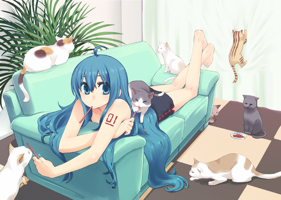 chan co, hatsune miku, vocaloid, 1girl, ahoge, alternate hairstyle, barefoot, blue eyes, blue hair, blue nails, casual, cat, couch, feet, female focus, food, full body, hair down, long hair, looking at viewer, lying, matching hair/eyes, nail polish, on stomach, pocky, skirt, solo, too many, too many cats