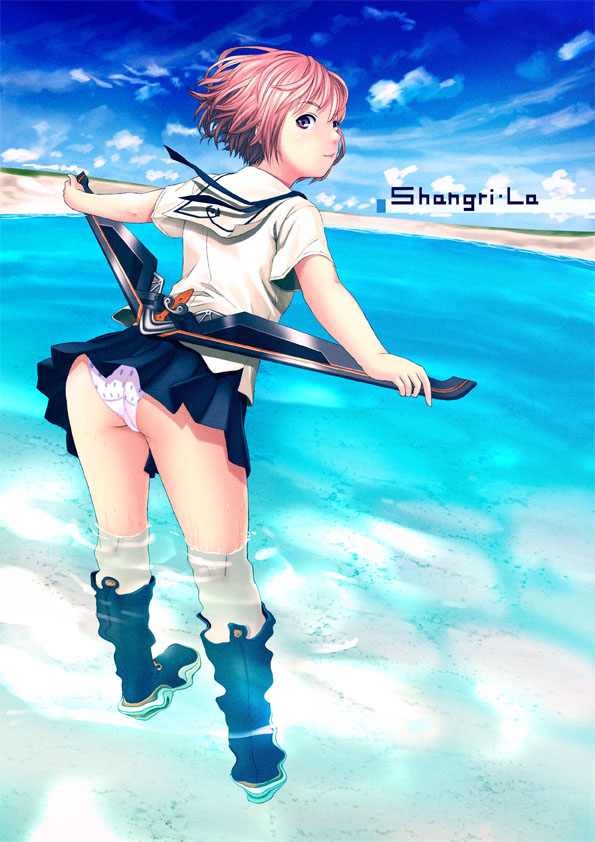 tonbo, houjou kuniko, shangri-la, 00s, 1girl, arched back, ass, boomerang, boots, cloud, copyright name, day, female focus, looking back, ocean, outdoors, panties, pantyshot, pink hair, polka dot, polka dot panties, purple eyes, school uniform, serafuku, short hair, skirt, sky, solo, underwear, wading, water