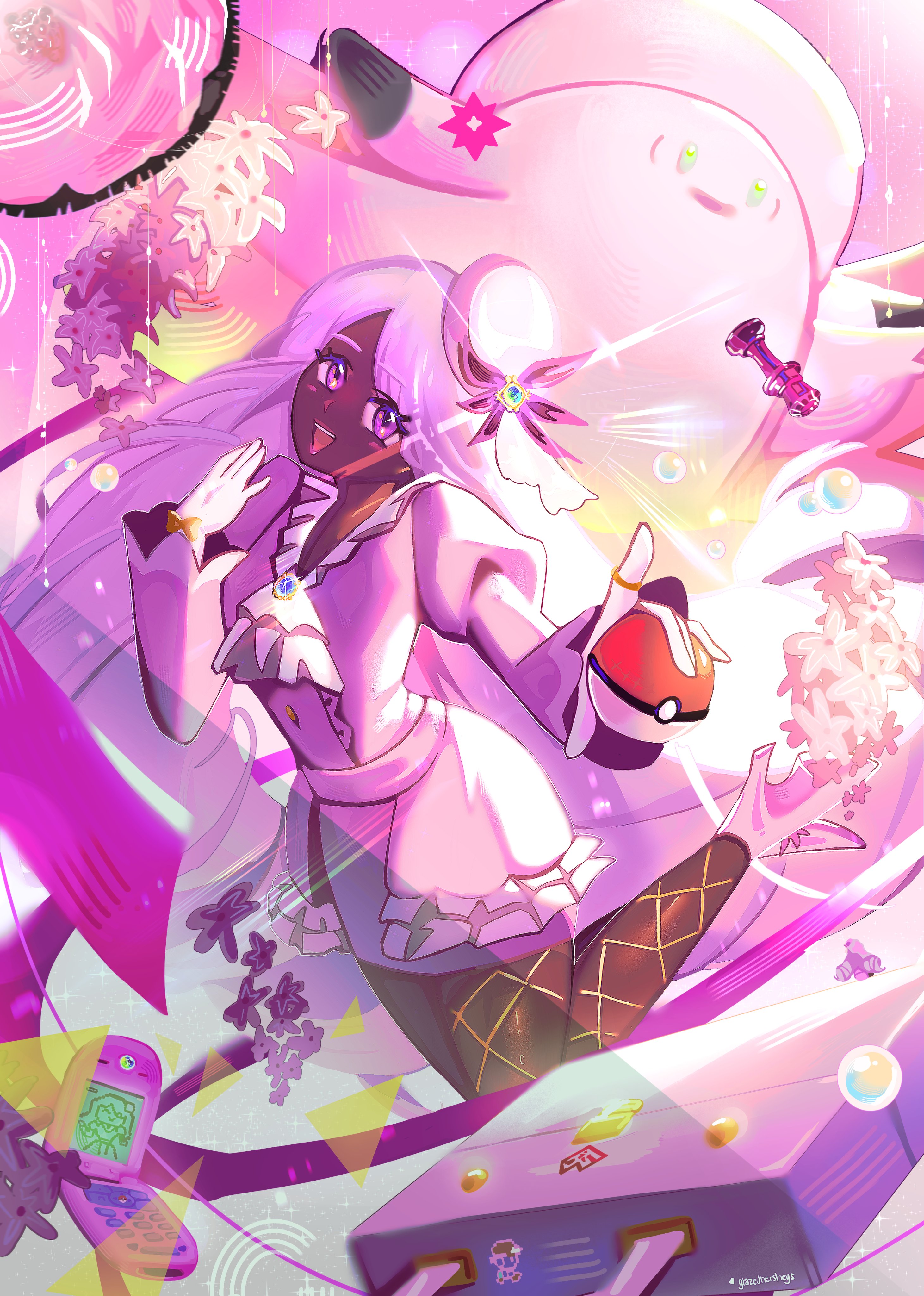glazedhersheys, clefable, jacinthe (pokemon), mega clefable, nintendo, pokemon, pokemon legends: z-a, absurdres, highres, 2girls, ascot, brooch, dark-skinned female, dark skin, dress, fascinator, finger to cheek, frilled ascot, frills, gem, glint, gloves, hair ornament, heart, holding, holding poke ball, jewelry, juliet sleeves, long hair, long sleeves, looking at viewer, low drills, mega stone, multiple girls, parted lips, poke ball, poke ball (basic), puffy sleeves, purple dress, purple eyes, purple hair, smile, very dark skin, wide hips