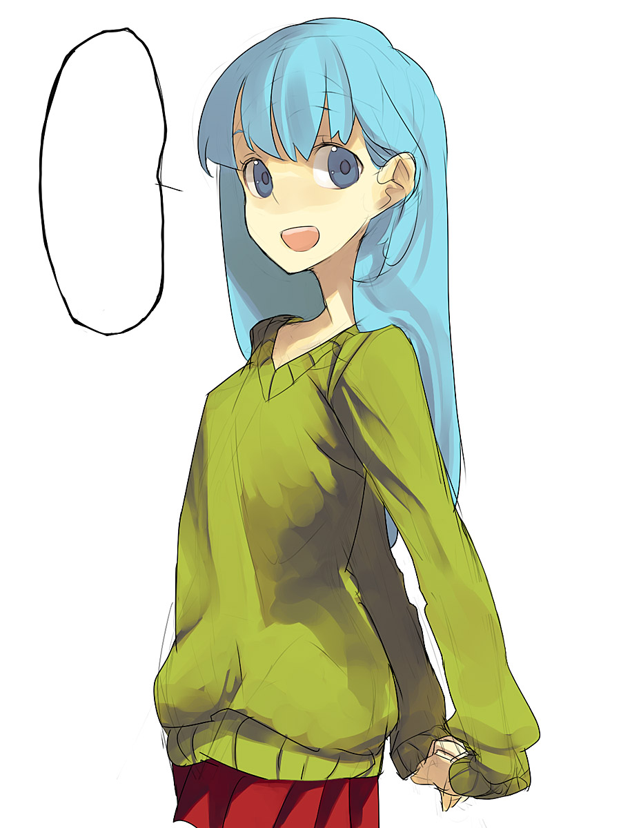 hama (22ji kara 24ji), original, highres, 1girl, blue eyes, blue hair, female focus, green shirt, long hair, matching hair/eyes, shirt, sketch, solo, sweater