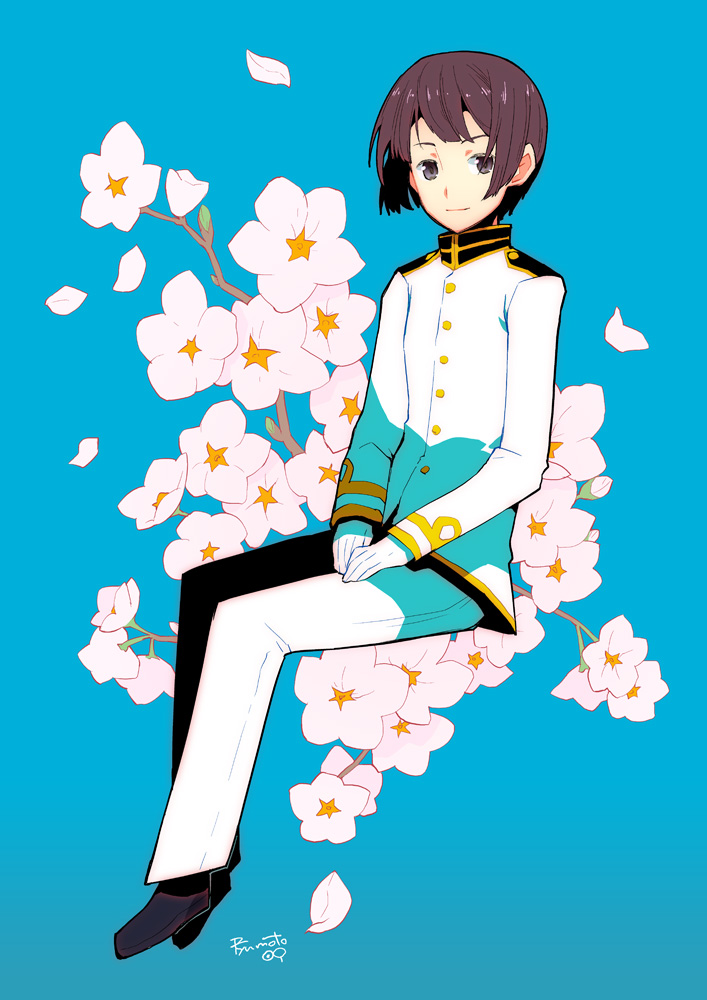 hamamoto ryuusuke, japan (hetalia), axis powers hetalia, 00s, 1boy, brown hair, cherry blossoms, full body, male focus, military, military uniform, short hair, smile, solo