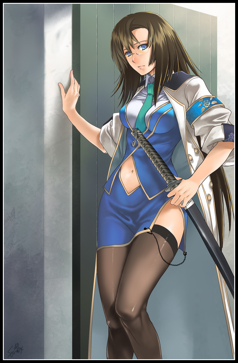 fujisaka kuuki, pixiv fantasia, pixiv fantasia 3, highres, 1girl, blue eyes, brown hair, female focus, gigandal federation, katana, legs, long hair, necktie, sheath, sheathed, solo, sword, thighhighs, weapon