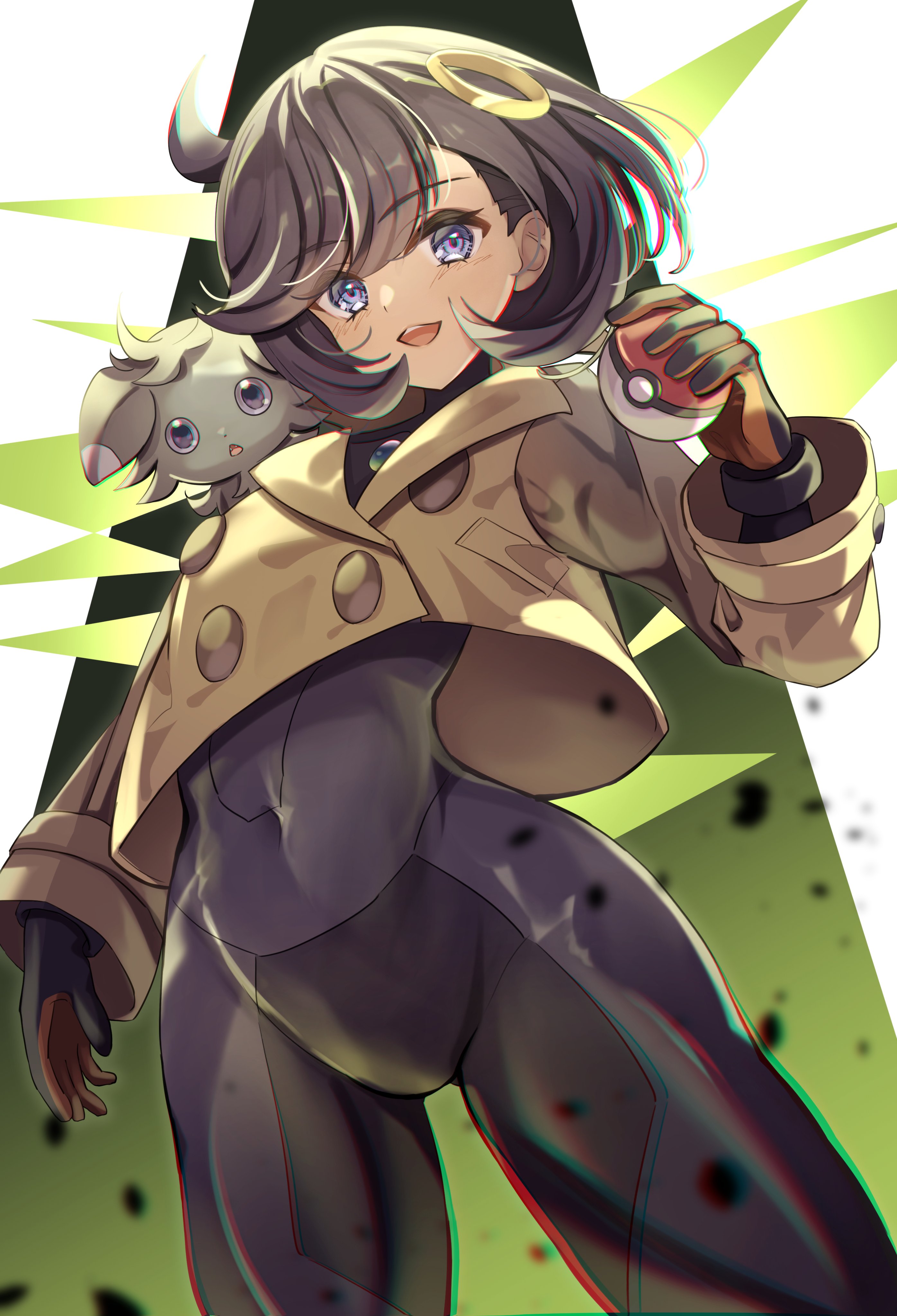 emma (pokemon), espurr, nintendo, pokemon, pokemon legends: z-a, absurdres, artist request, highres, 1girl, 1other, black bodysuit, black hair, blue eyes, bodysuit, bodysuit under clothes, collared jacket, covered navel, cowboy shot, curvy, eyelashes, gen 6 pokemon, gloves, holding, holding pokemon, jacket, long sleeves, looking at viewer, open mouth, pokemon (creature), short hair, signature, simple background, wide hips, yellow jacket