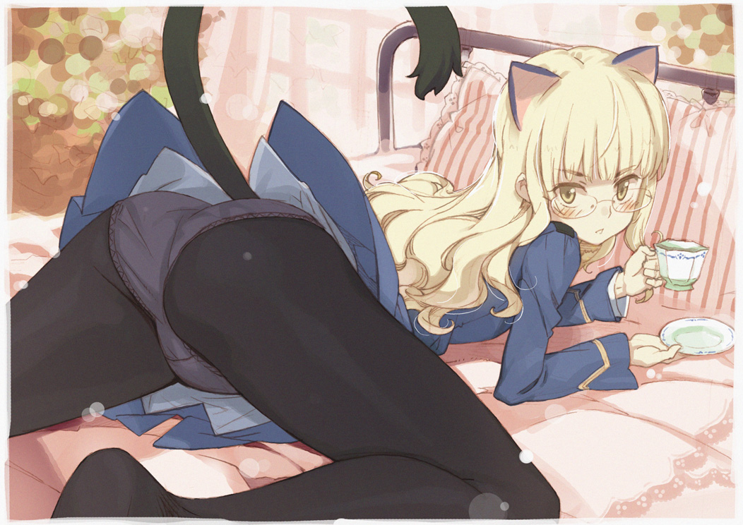 murasawa hiroshi, perrine h. clostermann, strike witches, world witches series, 00s, 1girl, all fours, animal ears, ass, bed, blonde hair, blush, brown eyes, cup, female focus, glasses, long hair, looking at viewer, looking back, panties, panties under pantyhose, pantyhose, solo, tail, tea, thighs, underwear, yellow eyes
