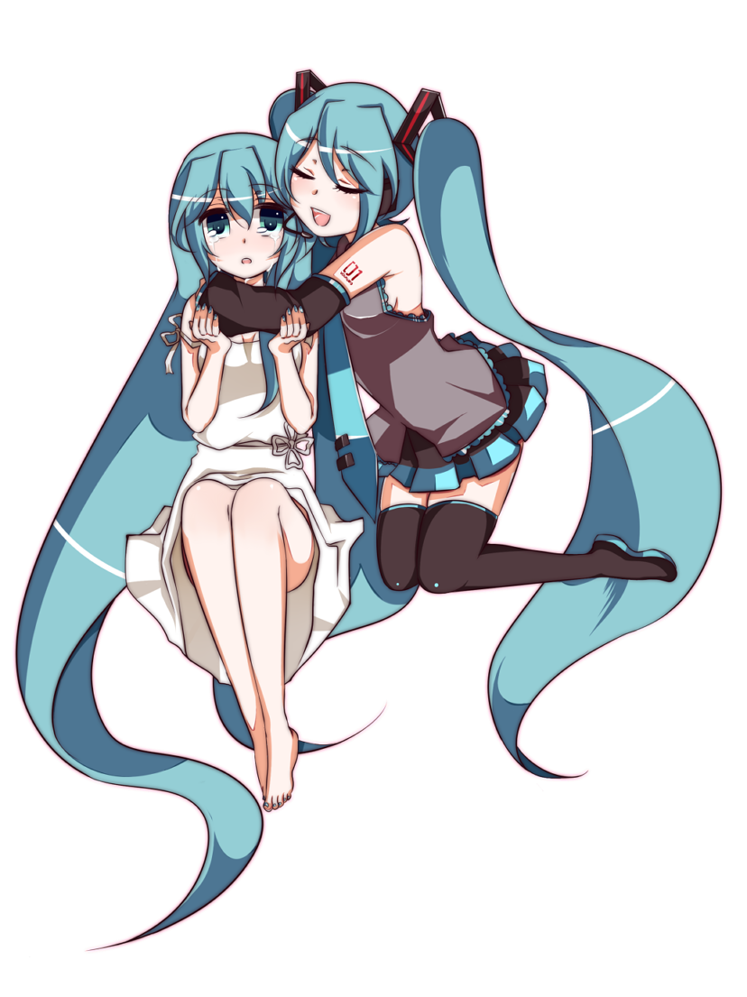 soidesu (pixiv), soudesu (pixiv), hatsune miku, vocaloid, 2girls, barefoot, blue eyes, blue hair, blush, detached sleeves, hug, kneeling, long hair, multiple girls, skirt, tears, thighhighs, twintails, very long hair, zettai ryouiki