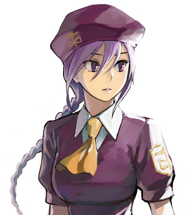 b suke, sion eltnam (type-moon), sion eltnam atlasia, melty blood, tsukihime, commentary request, 1girl, alternate breast size (larger), ascot, beret, braid, braided ponytail, breasts, hair between eyes, hat, large breasts, long hair, parted lips, purple eyes, purple hair, purple hat, sidelocks, single braid, solo, yellow ascot