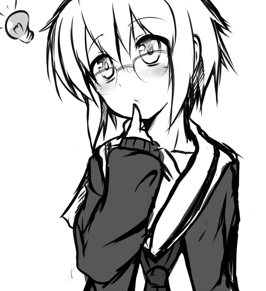 surikogi, nagato yuki, suzumiya haruhi no yuuutsu, 00s, blush, cardigan, finger to mouth, glasses, greyscale, idea, monochrome, short hair, solo, sweater