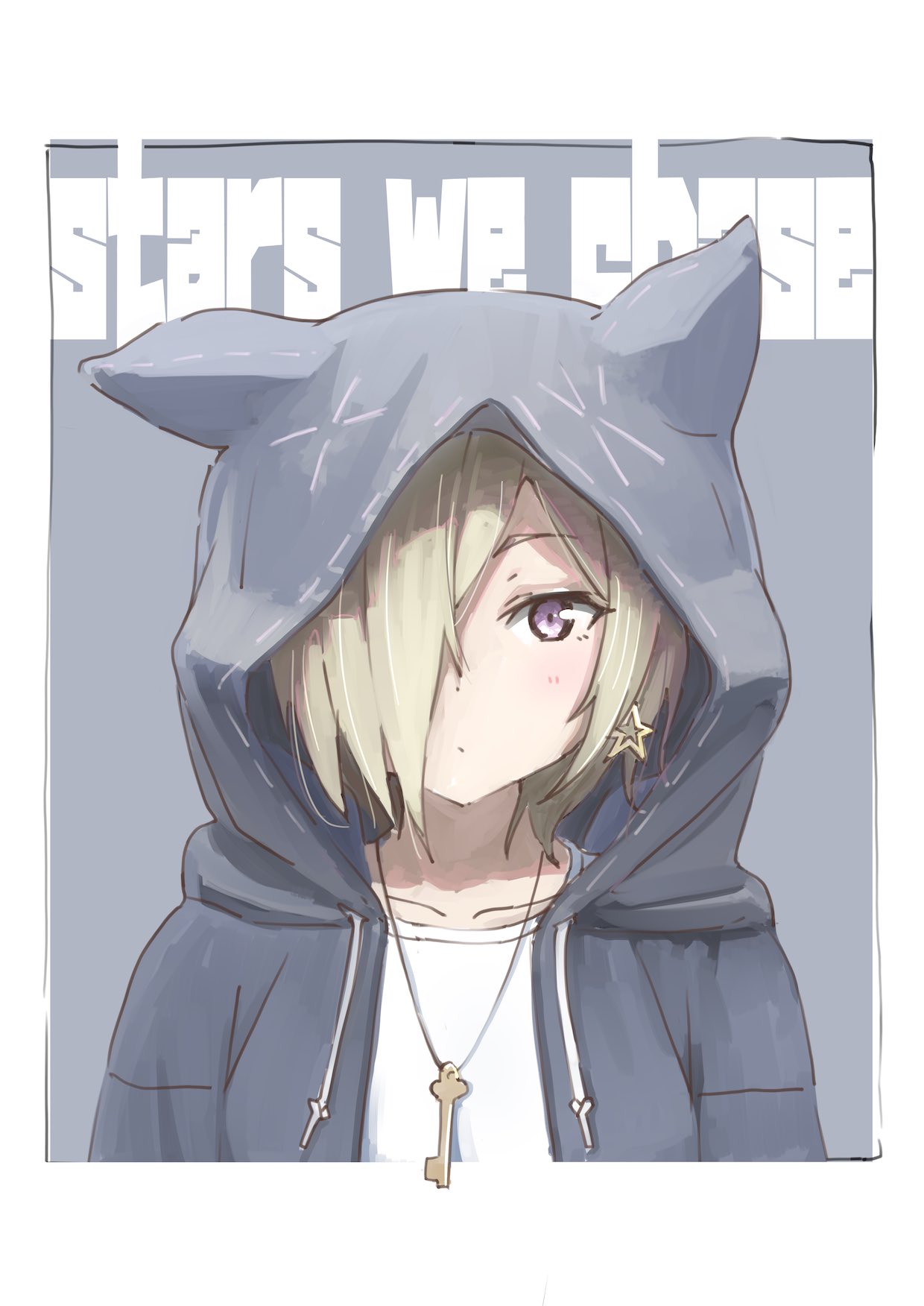 ajapar, mia taylor, love live!, love live! nijigasaki high school idol club, commentary request, highres, 1girl, animal hood, blonde hair, blue eyes, blue hoodie, cat hood, earrings, english text, expressionless, hair over one eye, hood, hoodie, jewelry, key, key necklace, necklace, shirt, solo, song name, star (symbol), star earrings, stars we chase (love live!), white background, white shirt