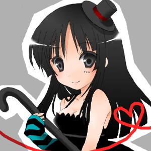 pika (pixiv136148), pikachocolat, akiyama mio, don't say "lazy", k-on!, striped, bad id, bad pixiv id, lowres, 00s, 1girl, bare shoulders, black hair, blunt bangs, elbow gloves, facepaint, female focus, fingerless gloves, gloves, hat, heart, hime cut, long hair, mini hat, mini top hat, smile, solo, top hat