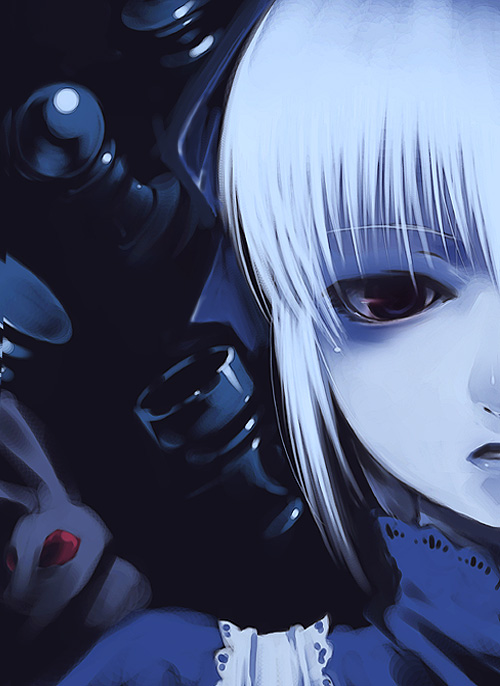 tasahin, tasaka shinnosuke, alice (monster girl encyclopedia), monster girl encyclopedia, 1girl, blue theme, board game, chess, female focus, lace, looking at viewer, monochrome, monster girl, rabbit, red eyes, solo, spot color