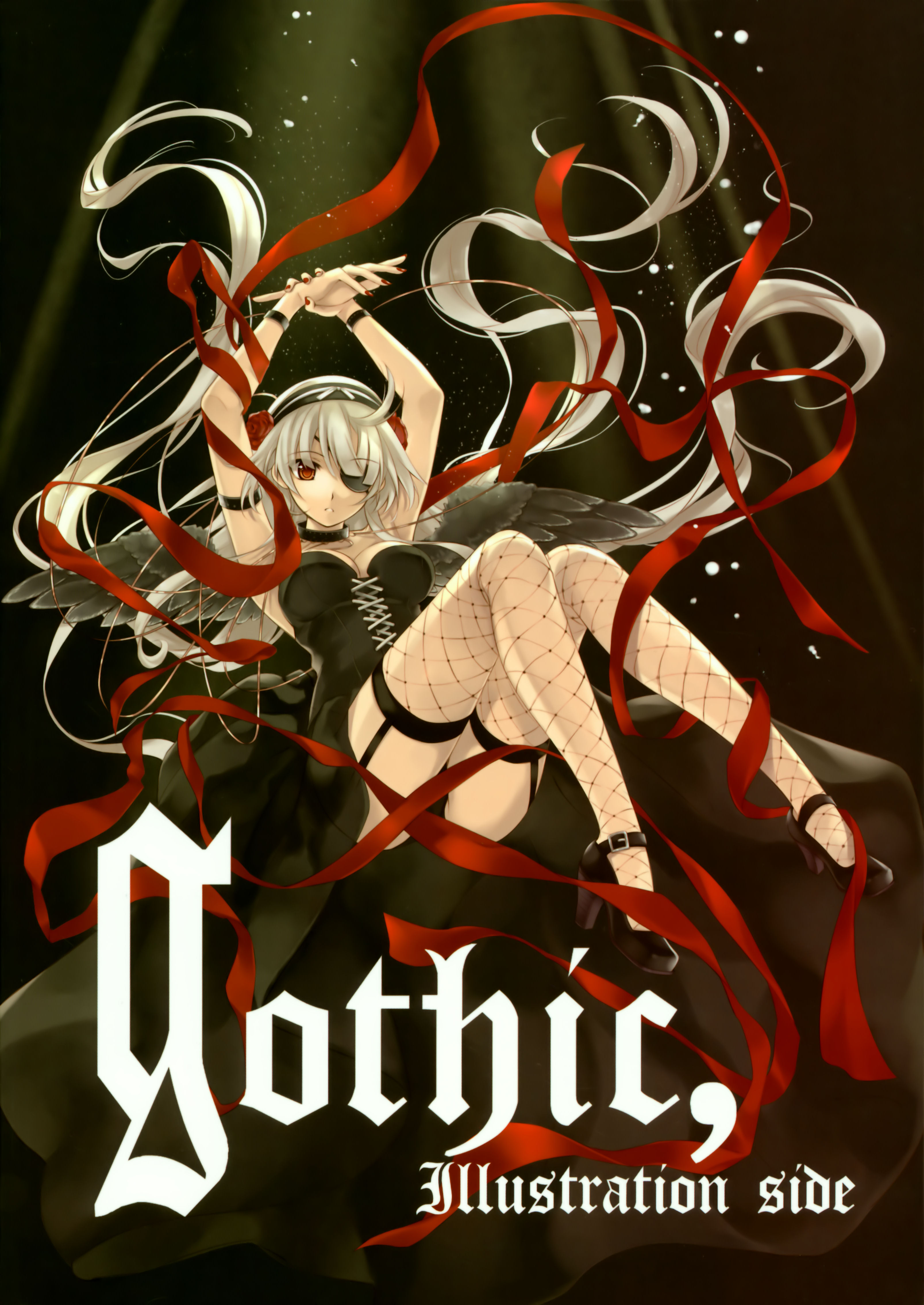 misaki kurehito, original, silver hair, absurdres, highres, 1girl, armlet, arms up, ass, black panties, black wings, blonde hair, bracelet, breasts, choker, cleavage, dress, eyepatch, female focus, fishnet thighhighs, fishnets, flower, garter belt, goth fashion, gothic lolita, hairband, high heels, jewelry, legs, lolita fashion, long hair, nail polish, panties, pantyshot, red eyes, red nails, ribbon, rose, shoes, solo, thighhighs, underwear, very long hair, wings