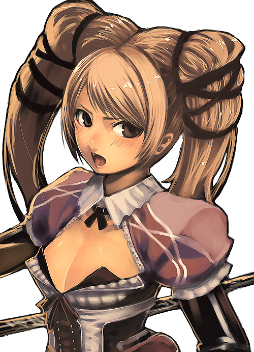 tasahin, tasaka shinnosuke, claire, claire (granado espada), granado espada, 1girl, breasts, brown eyes, brown hair, cleavage, female focus, hair ribbon, lace, long hair, medium breasts, open mouth, ribbon, solo, twintails