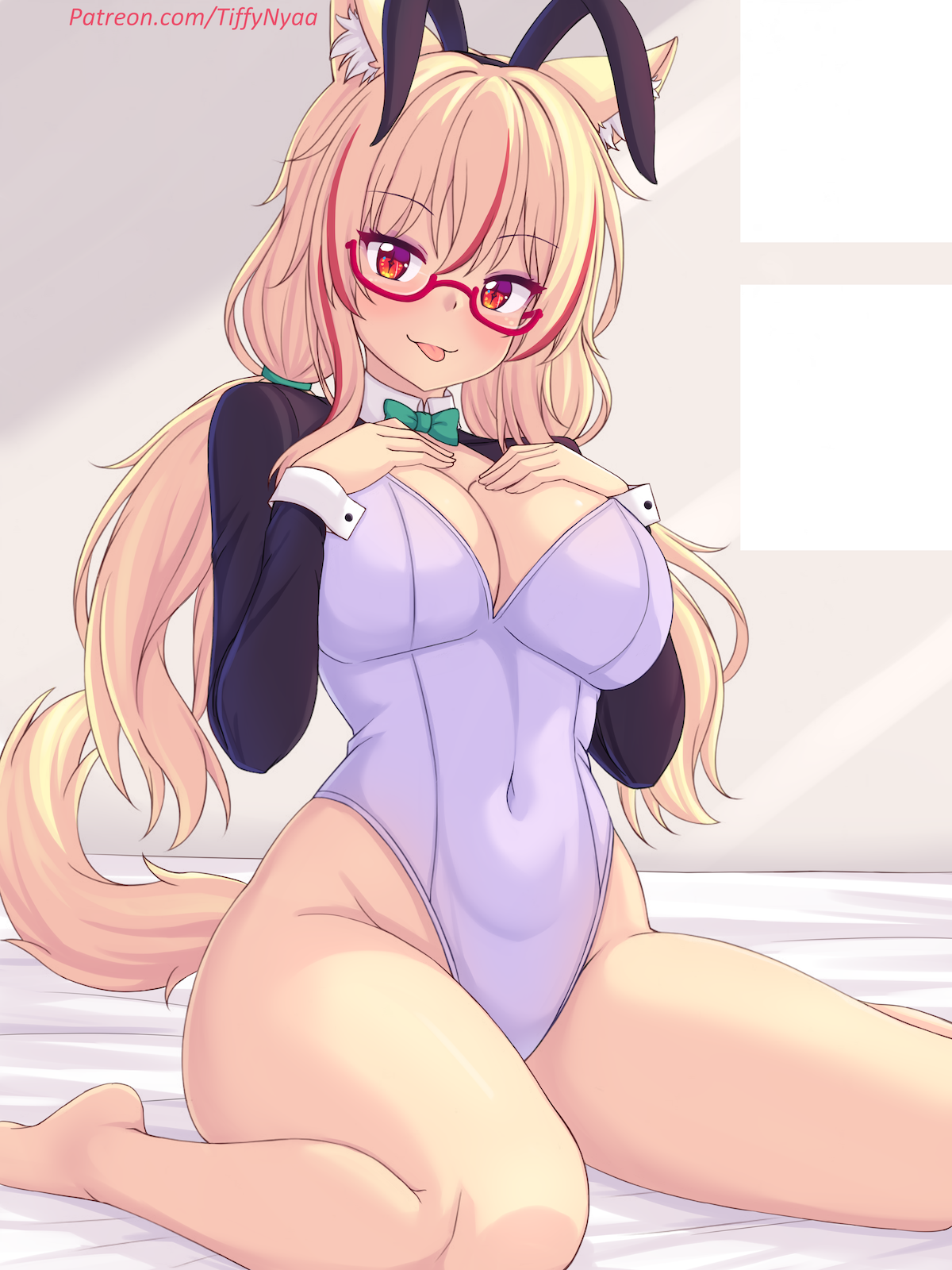 nottytiffy, tiffy (nottytiffy), original, commentary request, highres, 1girl, :p, animal ear fluff, animal ears, bare legs, barefoot, bed sheet, black hairband, blonde hair, bow, bowtie, breasts, cat ears, cat girl, cat tail, cleavage, closed mouth, covered groin, fake animal ears, glasses, green bow, green bowtie, hair between eyes, hairband, hands up, indoors, large breasts, leotard, long hair, long sleeves, looking at viewer, low twintails, multicolored hair, no shoes, playboy bunny, rabbit ears, red-framed eyewear, red eyes, red hair, semi-rimless eyewear, shrug (clothing), sitting, smile, solo, streaked hair, tail, tongue, tongue out, twintails, under-rim eyewear, very long hair, wariza, watermark, web address, white leotard, window
