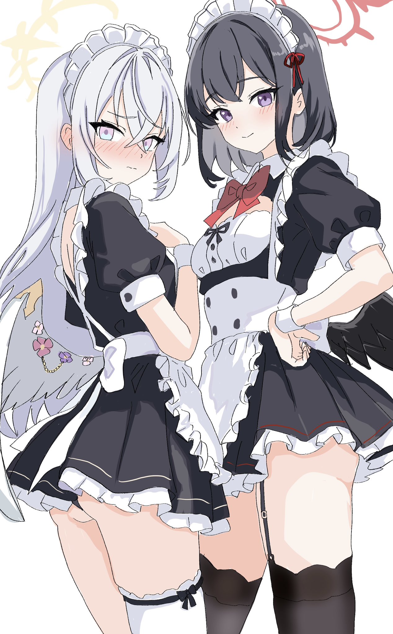 kamitosayu, azusa (blue archive), mashiro (blue archive), blue archive, highres, 2girls, apron, black hair, black thighhighs, bow, bowtie, breasts, facing another, gluteal fold, hair between eyes, halo, light blush, long hair, looking at viewer, low wings, maid, maid apron, maid headdress, medium breasts, medium hair, multiple girls, pink eyes, purple eyes, red bow, red bowtie, red halo, short sleeves, simple background, single thighhigh, small breasts, thighhighs, white background, white hair, white thighhighs, wing ornament, wings, wrist cuffs, yellow halo