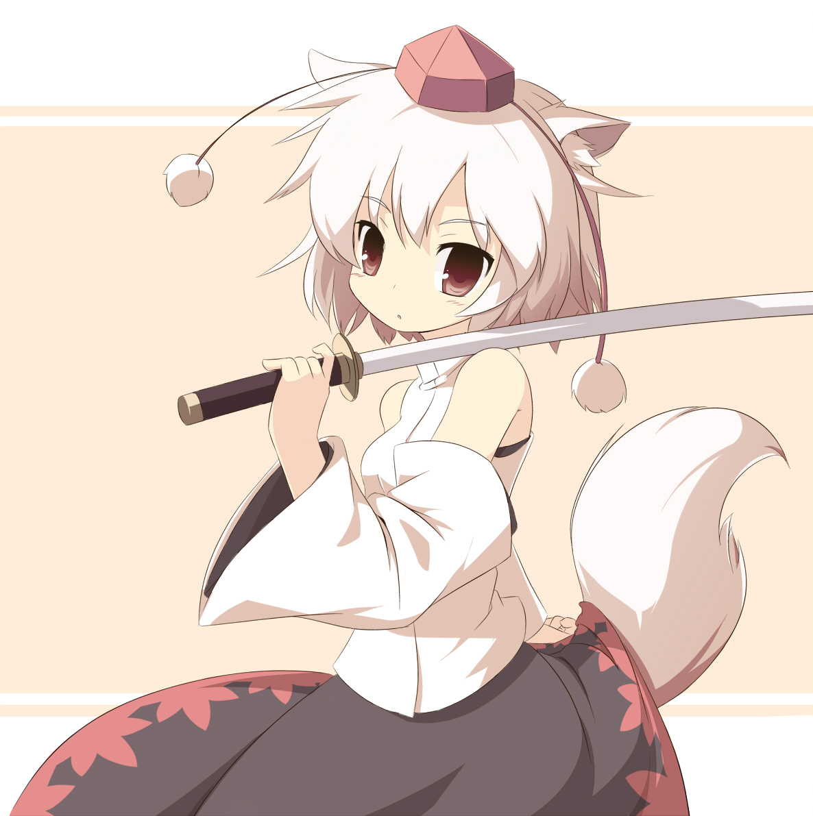 miko machi, inubashiri momiji, touhou, 1girl, animal ears, cowboy shot, detached sleeves, female focus, hat, red eyes, short hair, simple background, solo, sword, tail, tokin hat, weapon, white hair, wolf ears, wolf tail