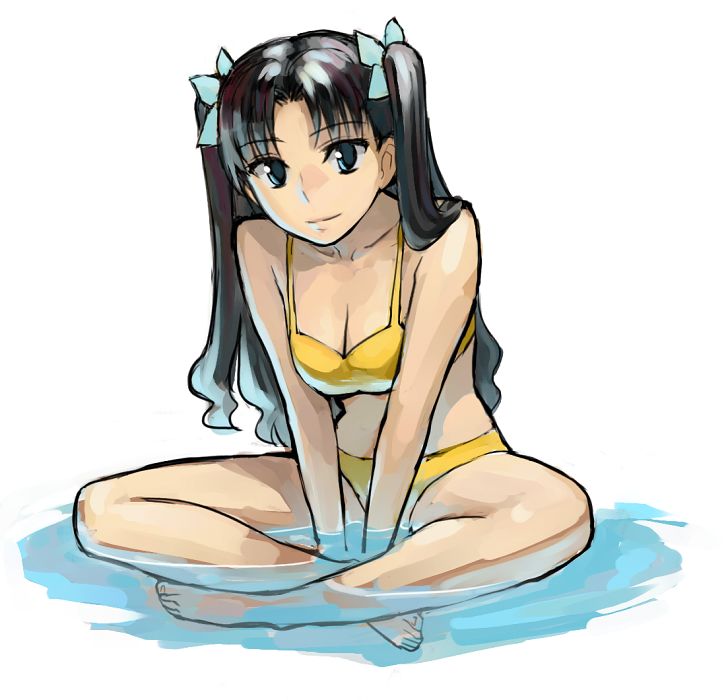 b suke, tohsaka rin, fate/stay night, fate (series), commentary request, 1girl, alternate breast size (larger), bikini, black hair, blue eyes, breasts, cleavage, full body, in water, indian style, large breasts, shallow water, sitting, solo, swimsuit, two side up, water, yellow bikini