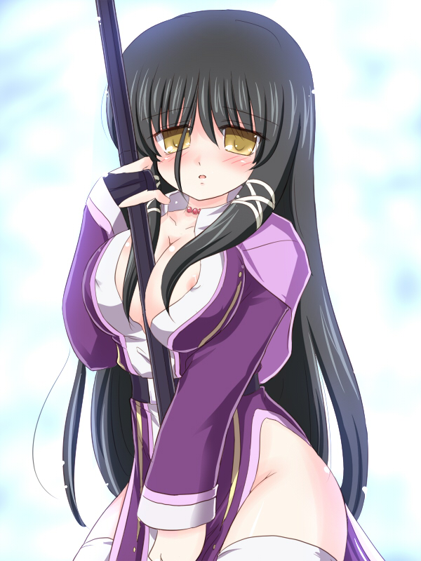 ry (yagoyago), fasalina, aic, gunxsword, between breasts, black hair, blush, breasts, breasts squeezed together, cleavage, huge breasts, long hair, nipple slip, nipples