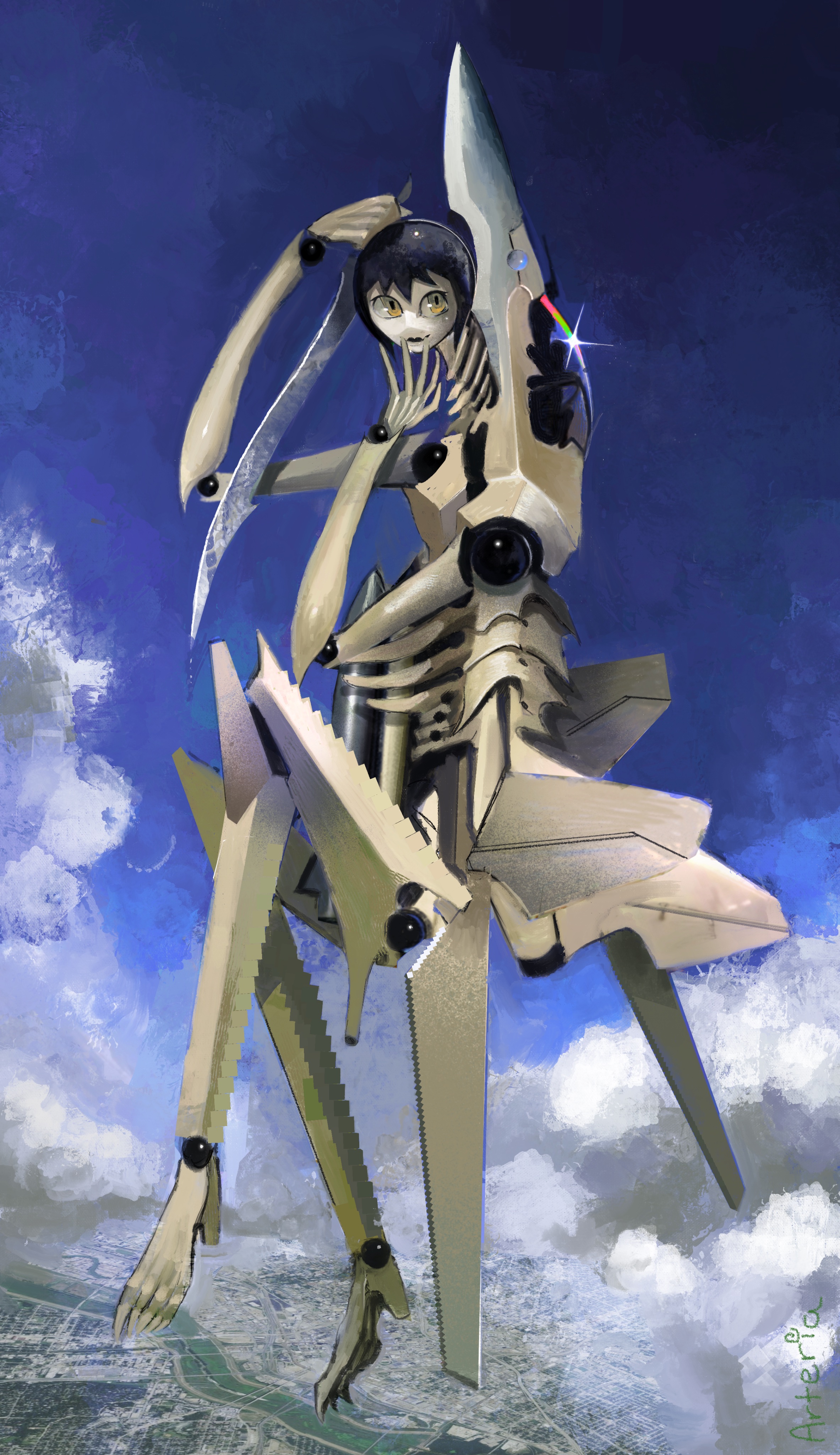 original, absurdres, highres, 1girl, black hair, black lips, blue sky, city, closed mouth, cloud, cloudy sky, full body, holding, holding weapon, humanoid robot, mecha, noarteria, orb, robot, robot girl, sky, weapon, yellow eyes