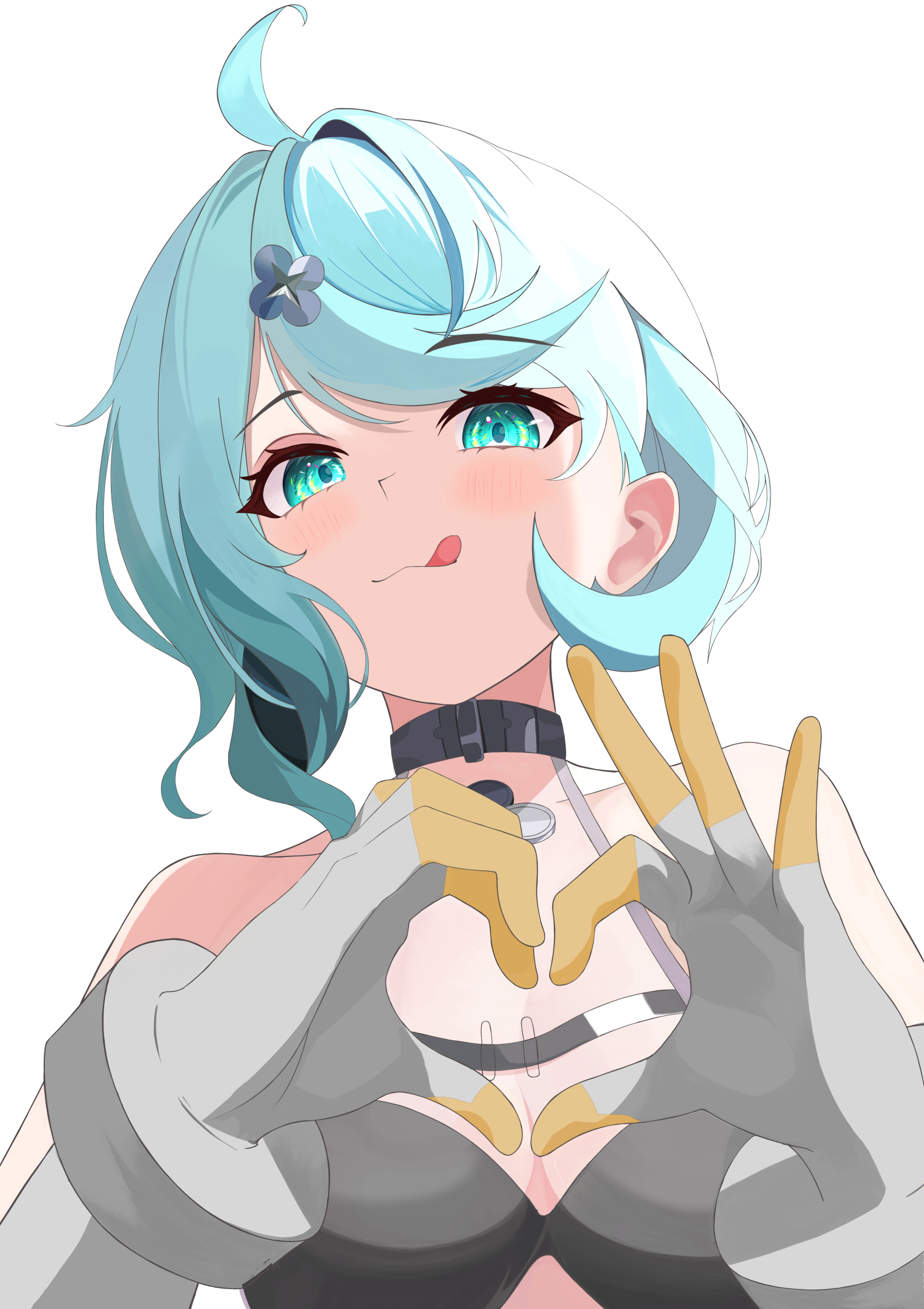 seed (zenless zone zero), zenless zone zero, absurdres, highres, blue eyes, blue hair, collar, excited, flower, gloves, hair flower, hair ornament, heart, heart hands, tongue, white gloves
